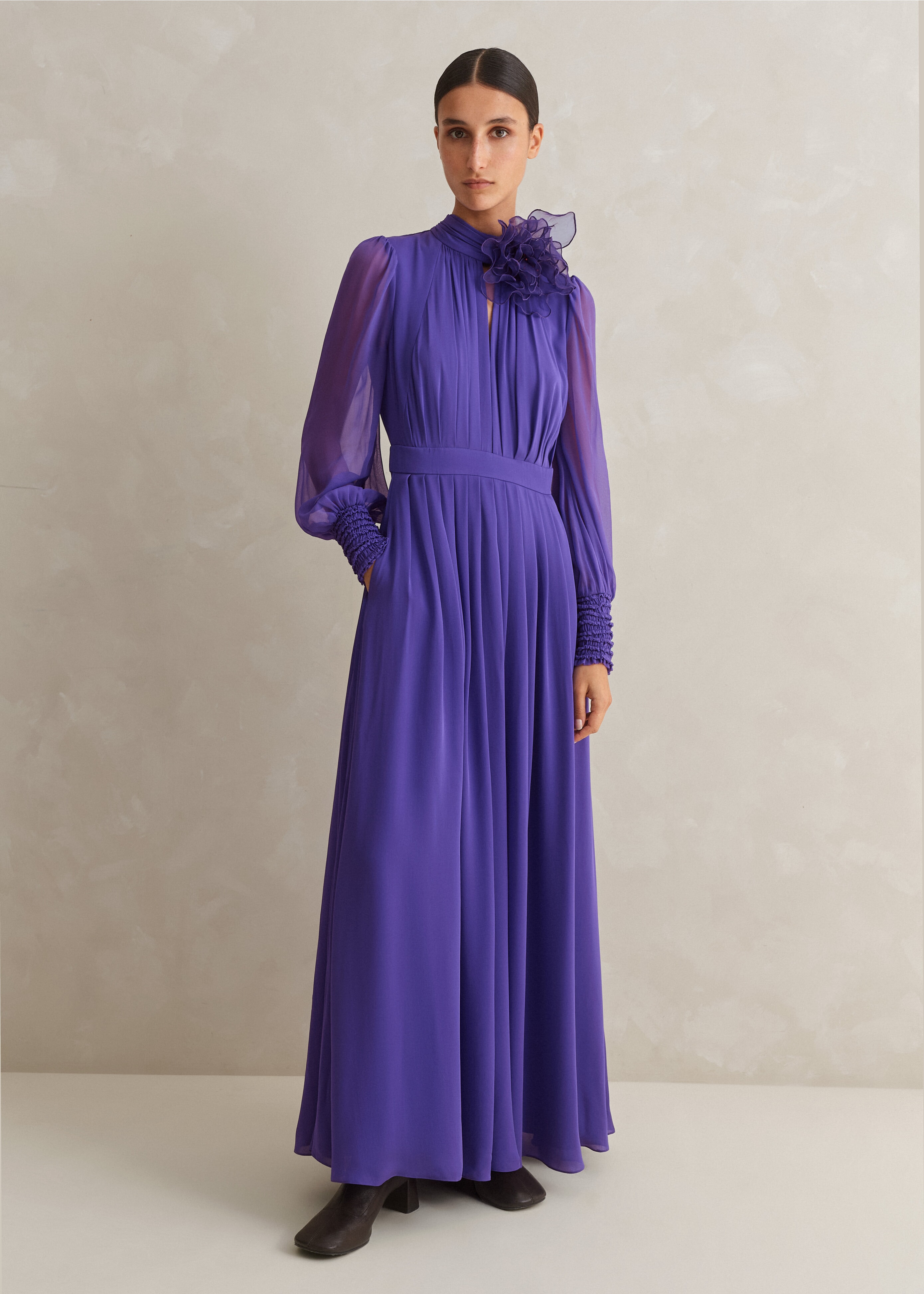 Silk Full-Length Dress With Corsage + Belt Winter Lilac