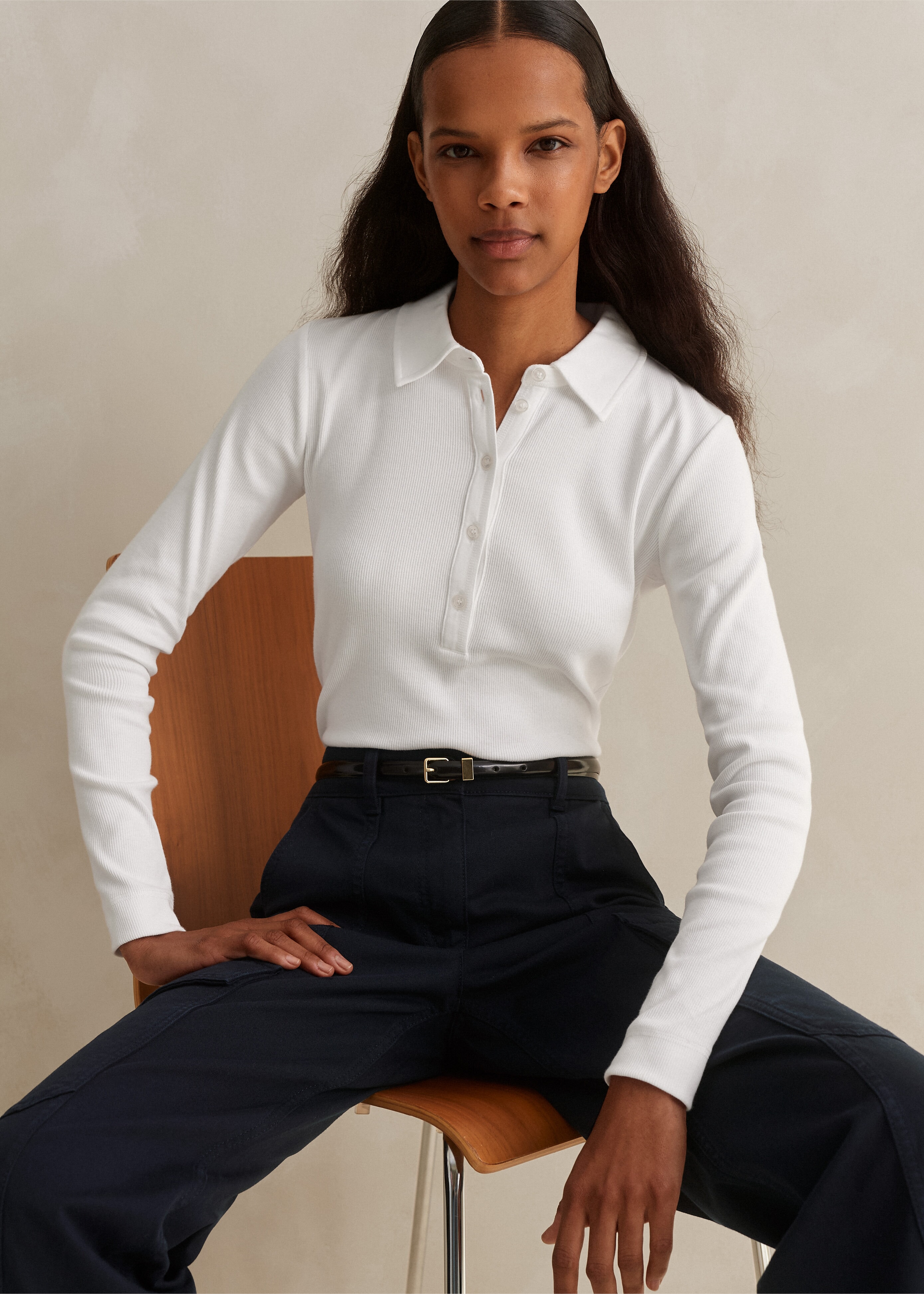 Cotton Rib Polo Fresh White Fitted Top