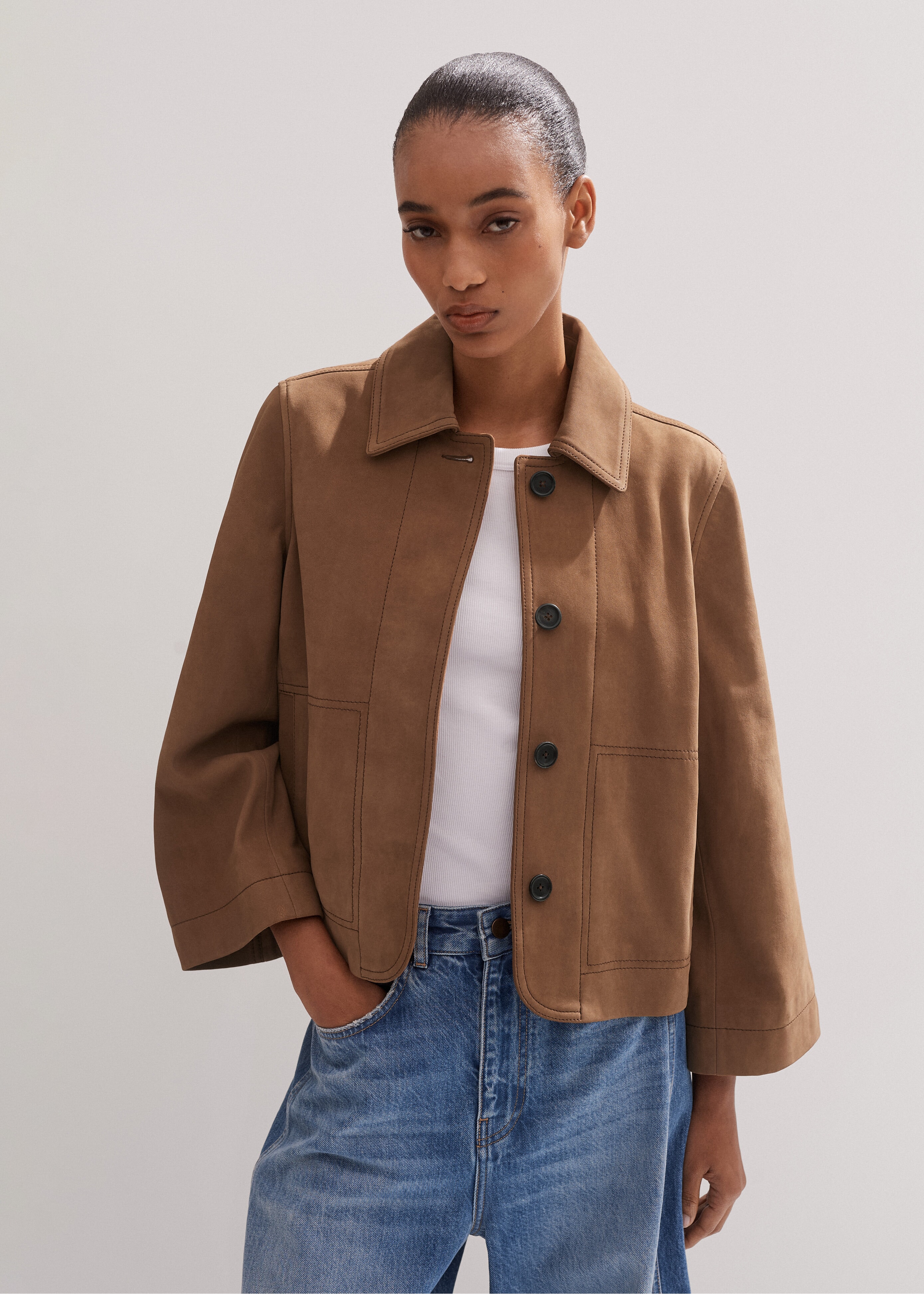 Me+em Leather Wide Sleeve Swing Jacket In Toffee