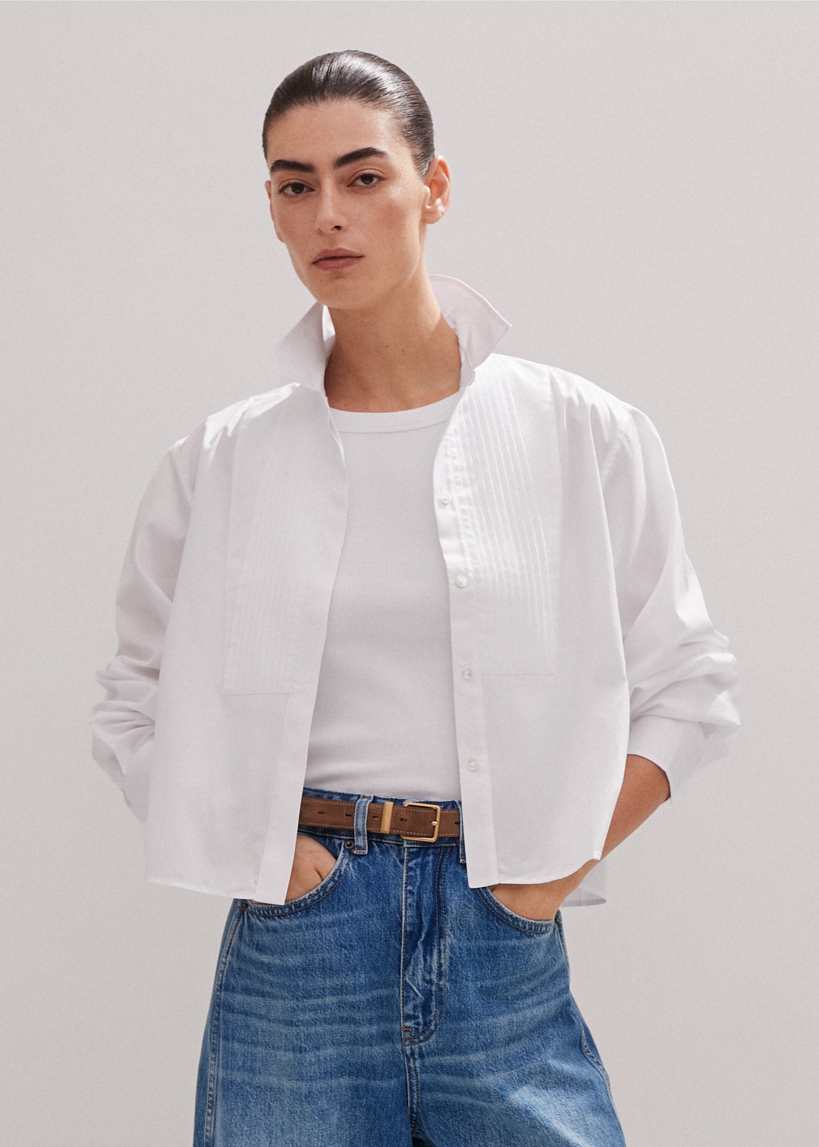 Me+em Cotton Bib Detail Crop Shirt In White