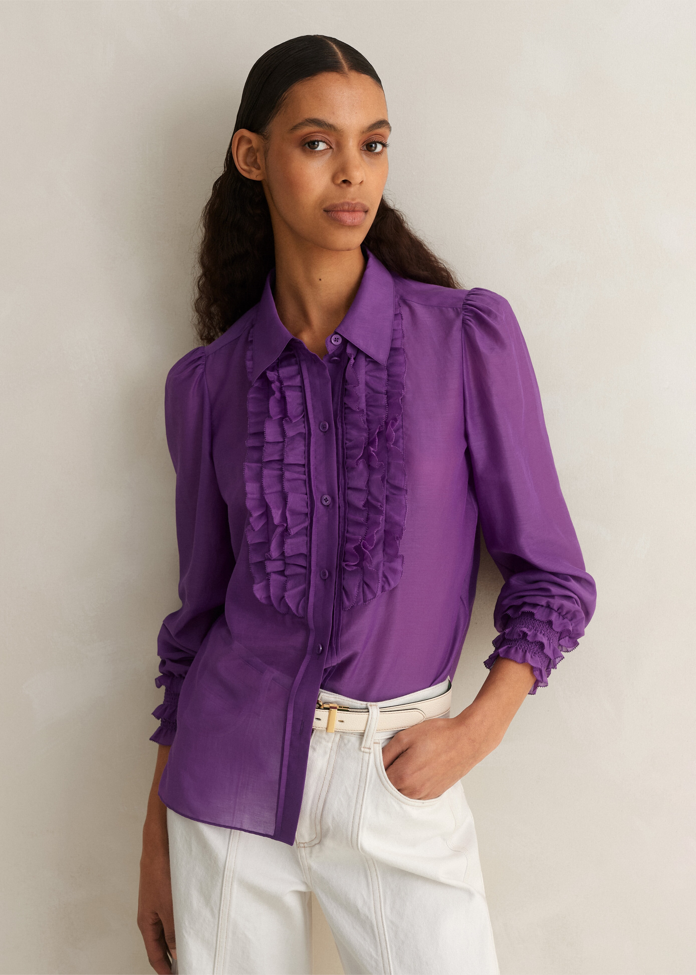 Silk Cotton Frill Detail Blouse Summer Purple