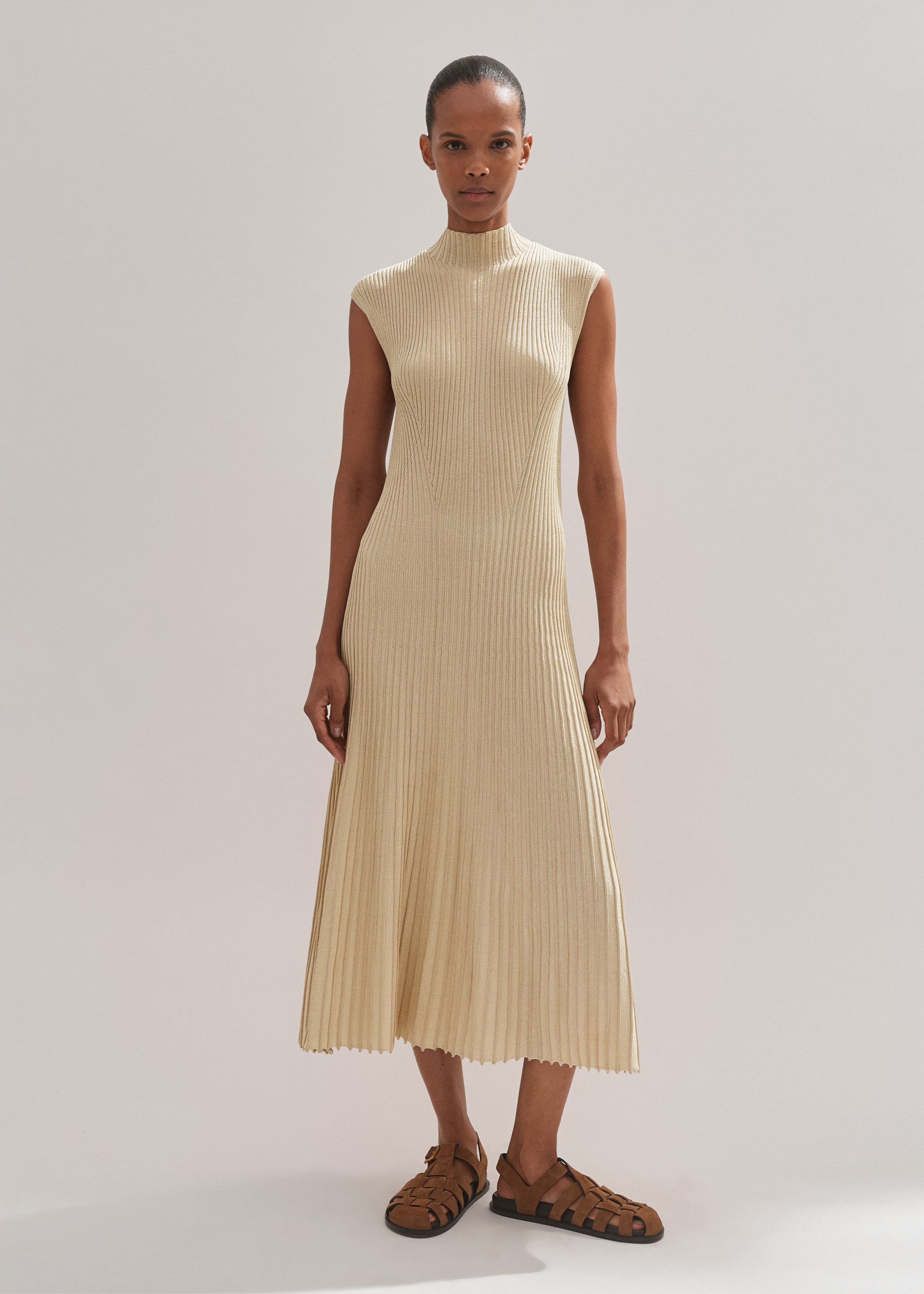 Women's Gold Metallic Rib Knit Cap Sleeve Midi Dress | ME+EM