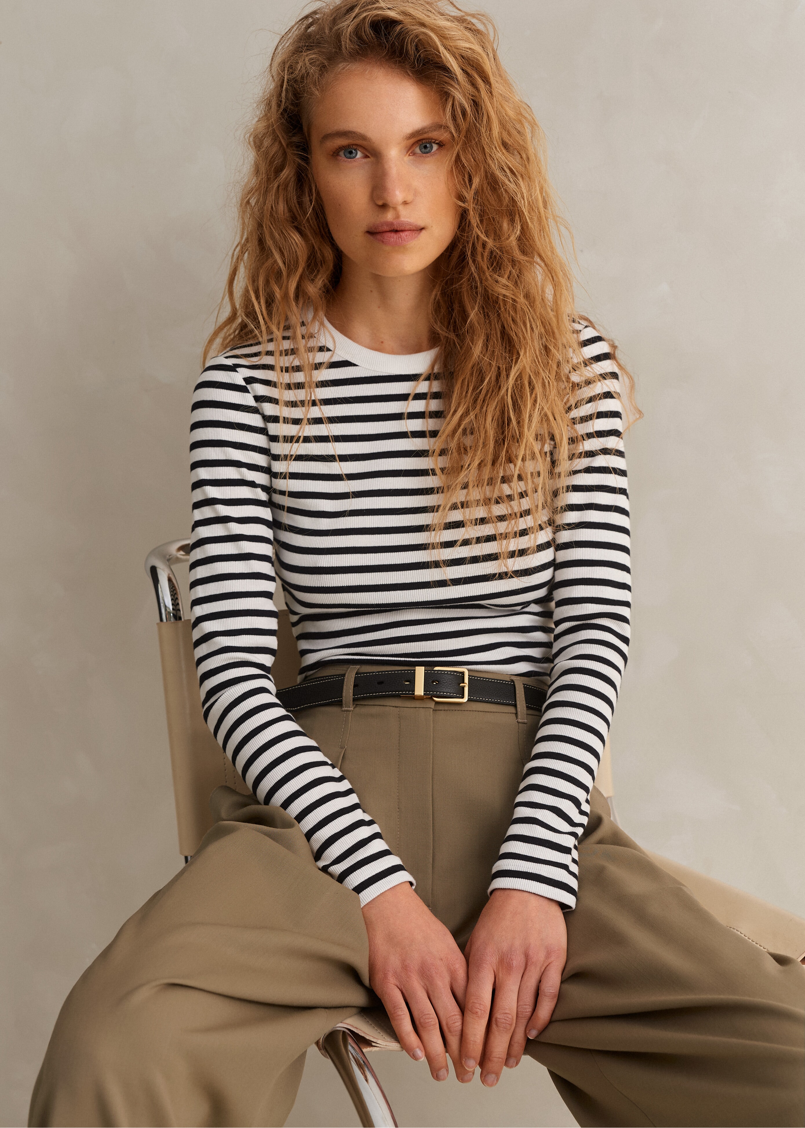 Cotton Stripe Rib Long Sleeve Top Navy/Soft White