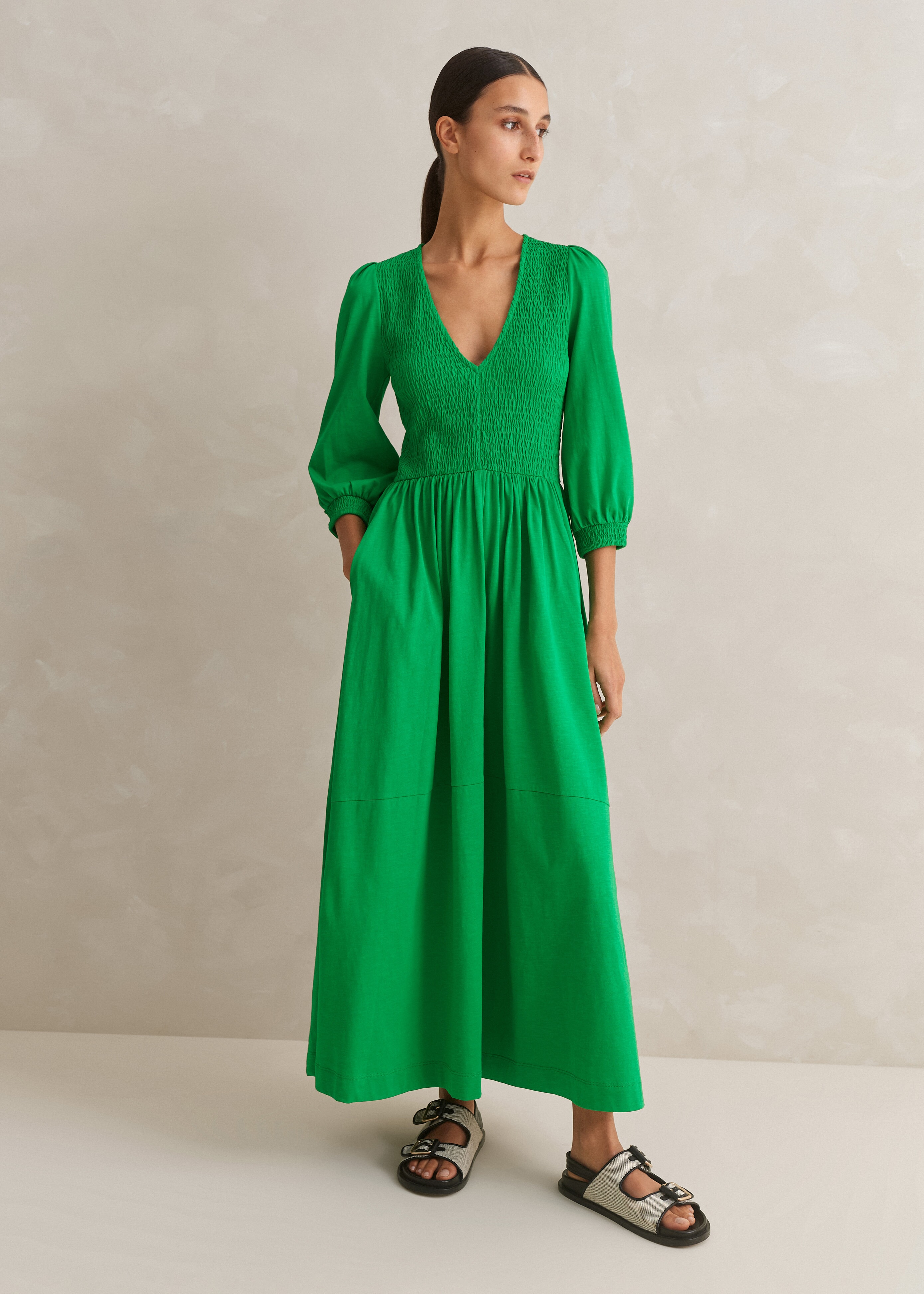 Slub Cotton V-Neck Maxi Dress Spring Green