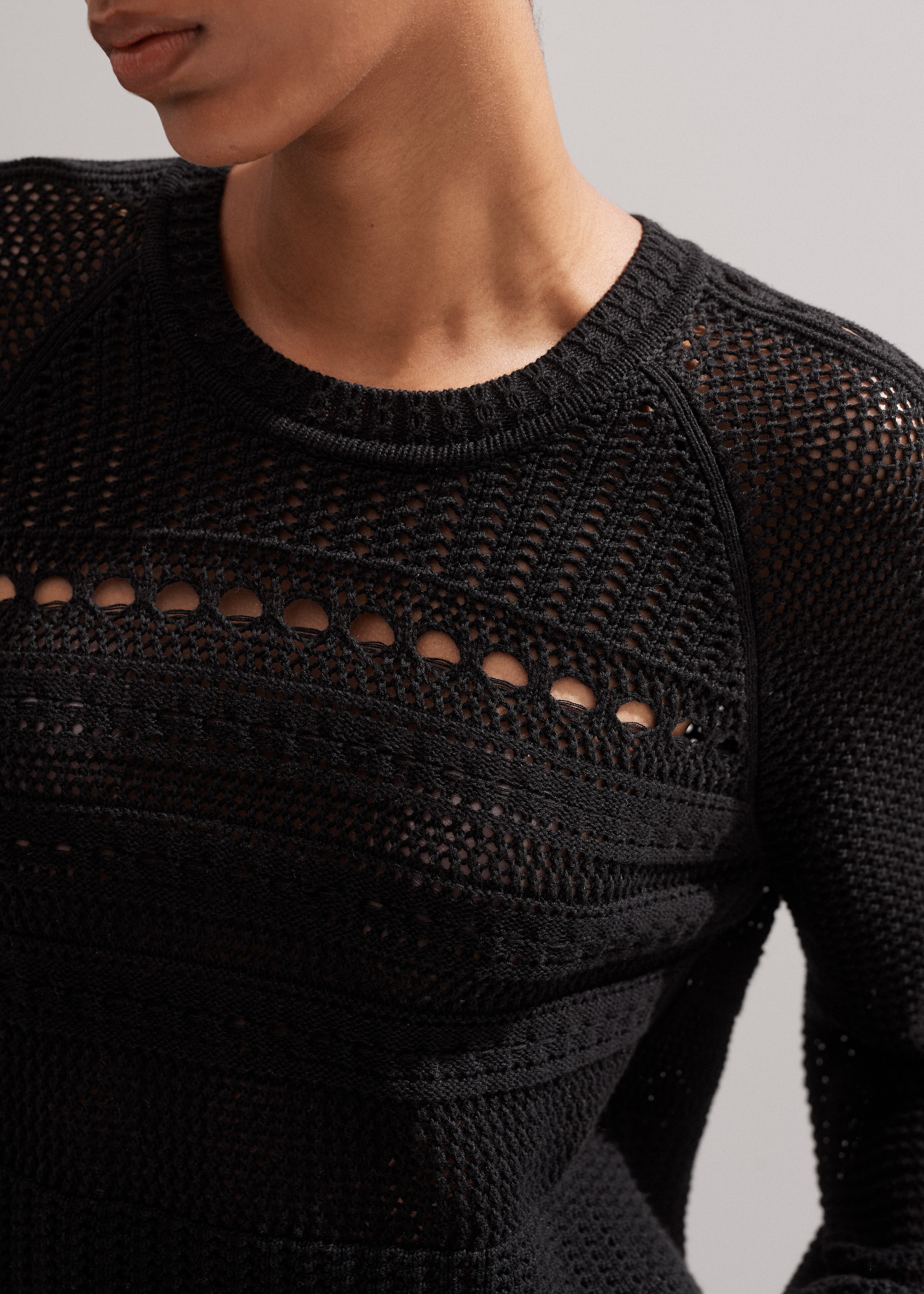 Cotton Lace Stitch Raglan Sleeve Sweater Black