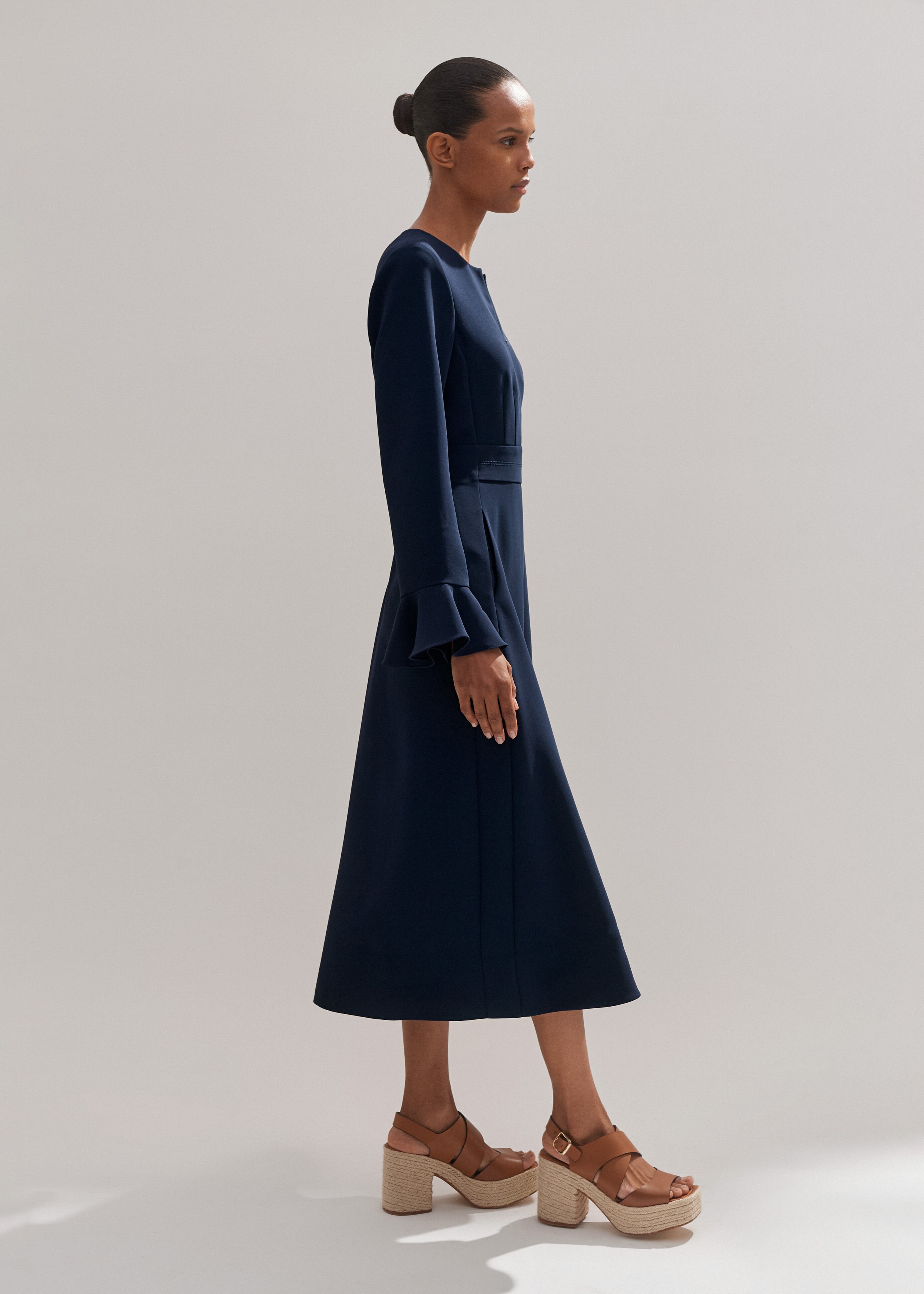 Fluid Crepe Elegant Midi Dress Navy Eclipse