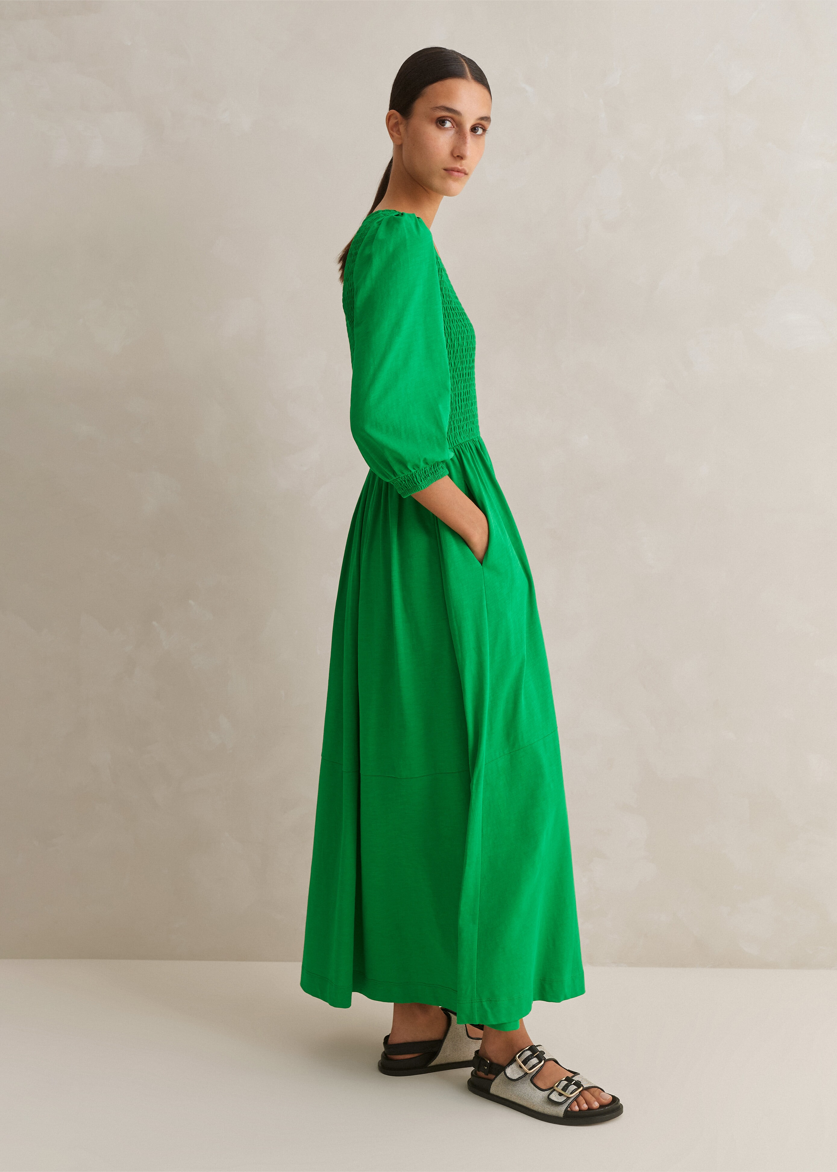 Slub Cotton V-Neck Maxi Dress Spring Green