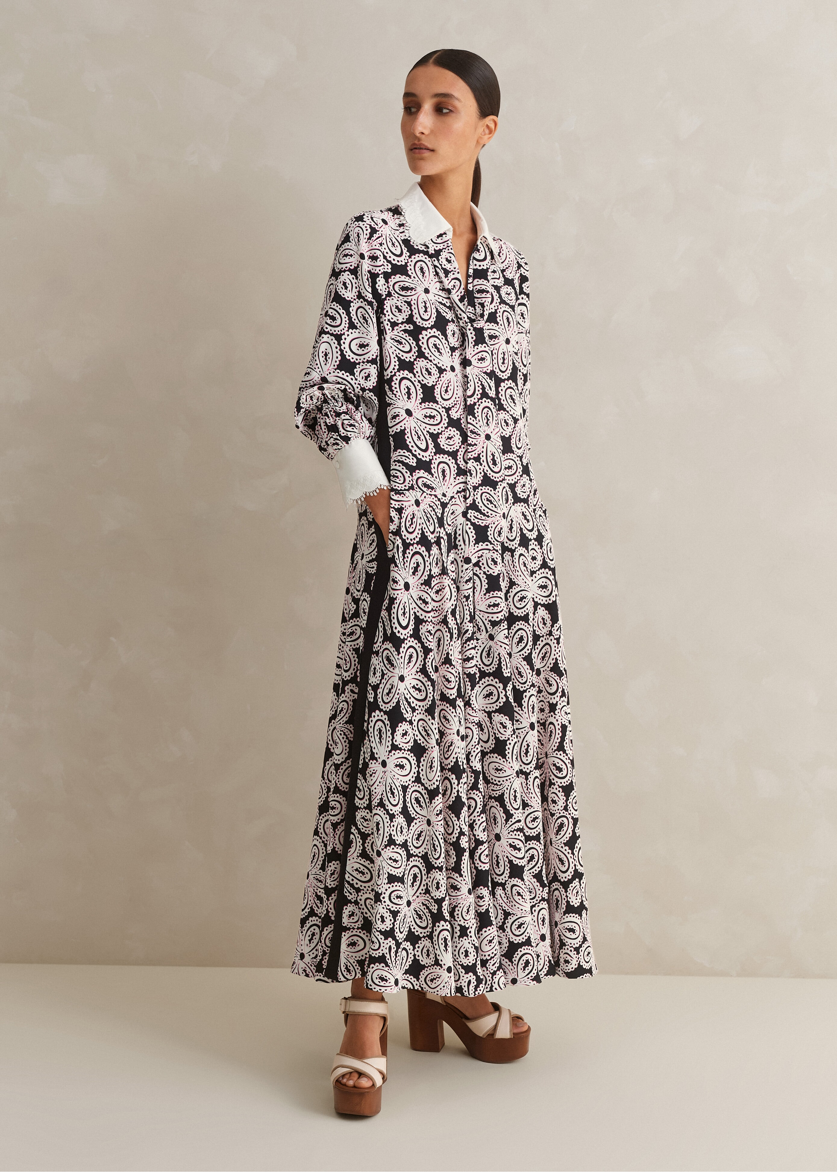 Lace Flower Print Shirt Maxi Dress + Belt