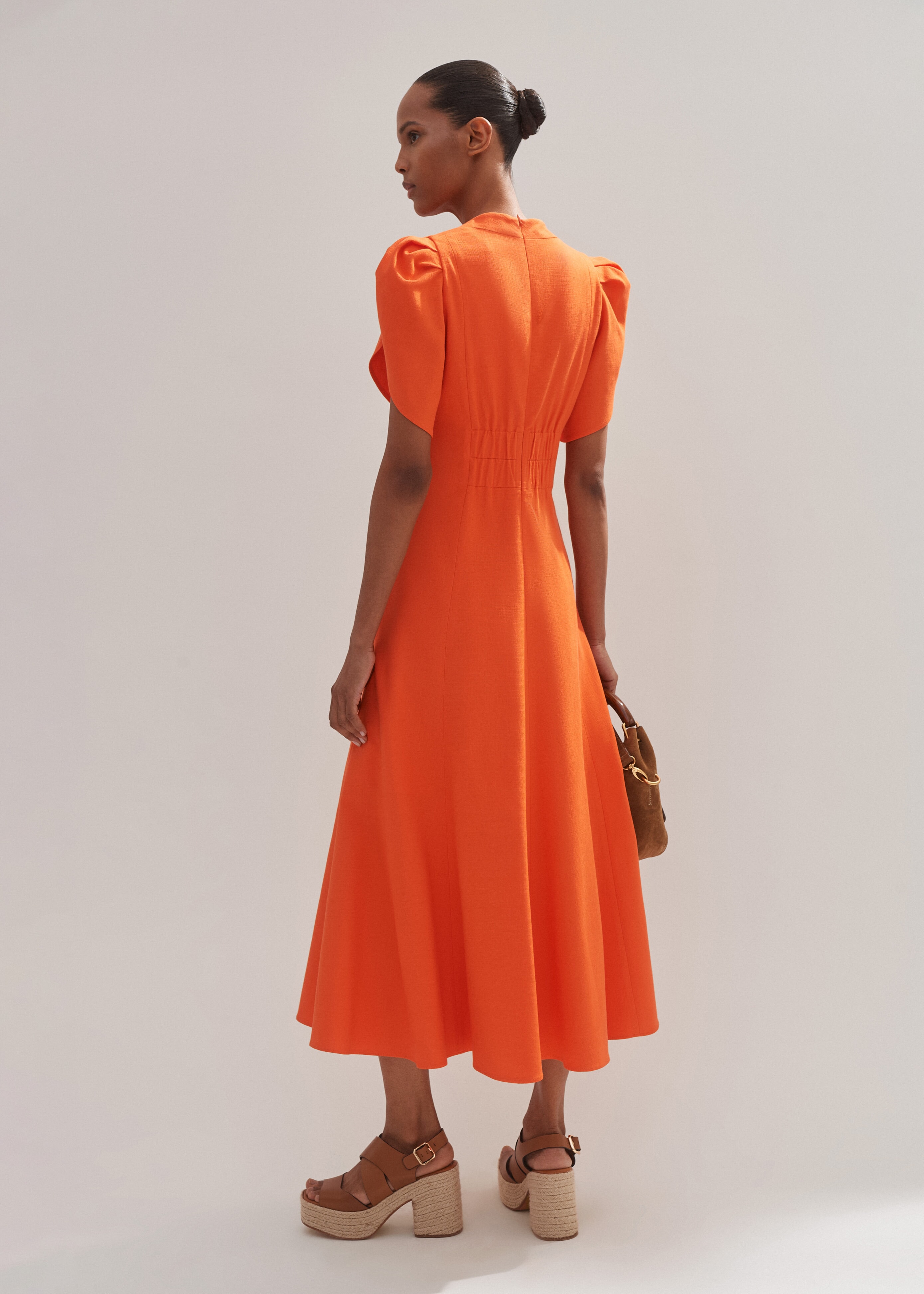 Textured Pleat Front Midi Dress Orange Zing