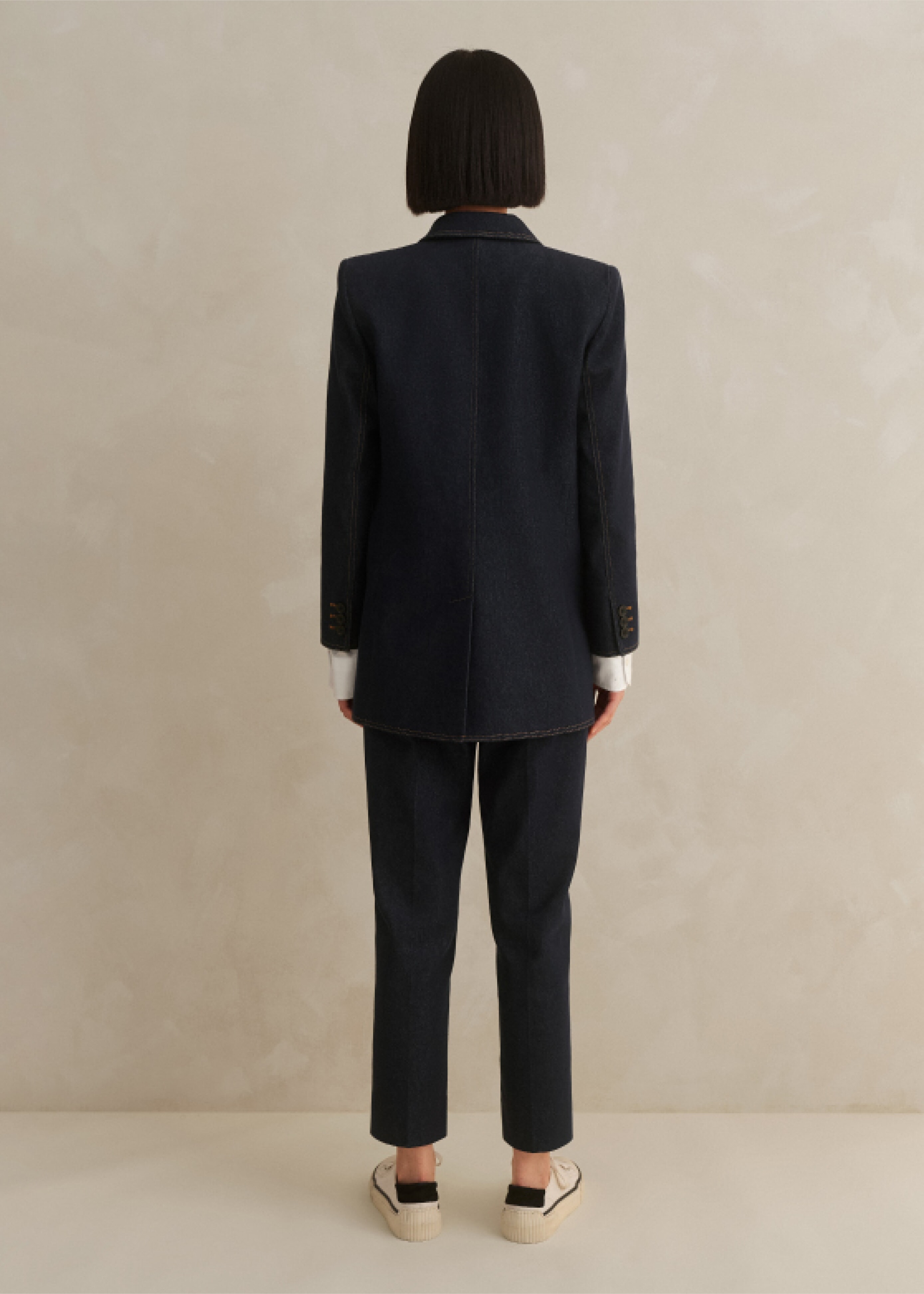 Cotton - Blend Denim Straight Crop Pant Suit Blue