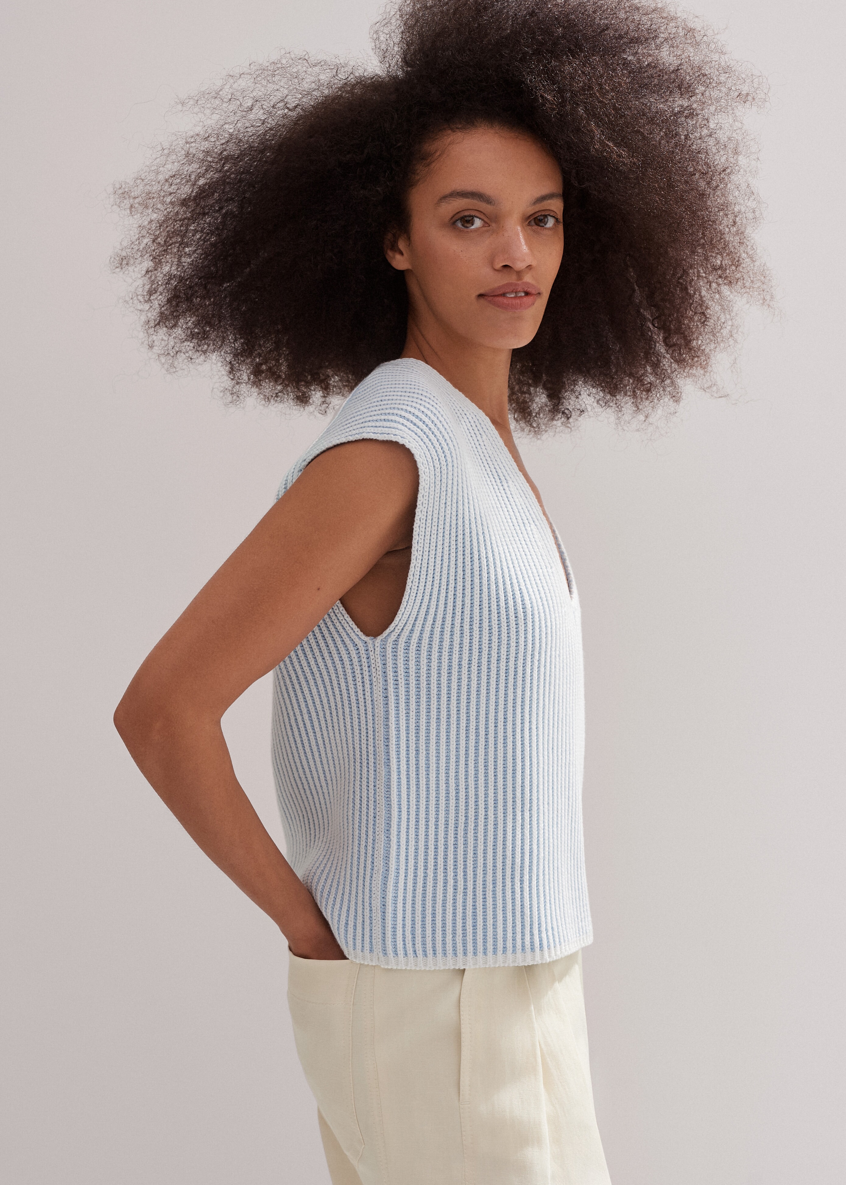 Soft-Touch Rib Cotton Knit Sweater Vest Pale Sky Blue