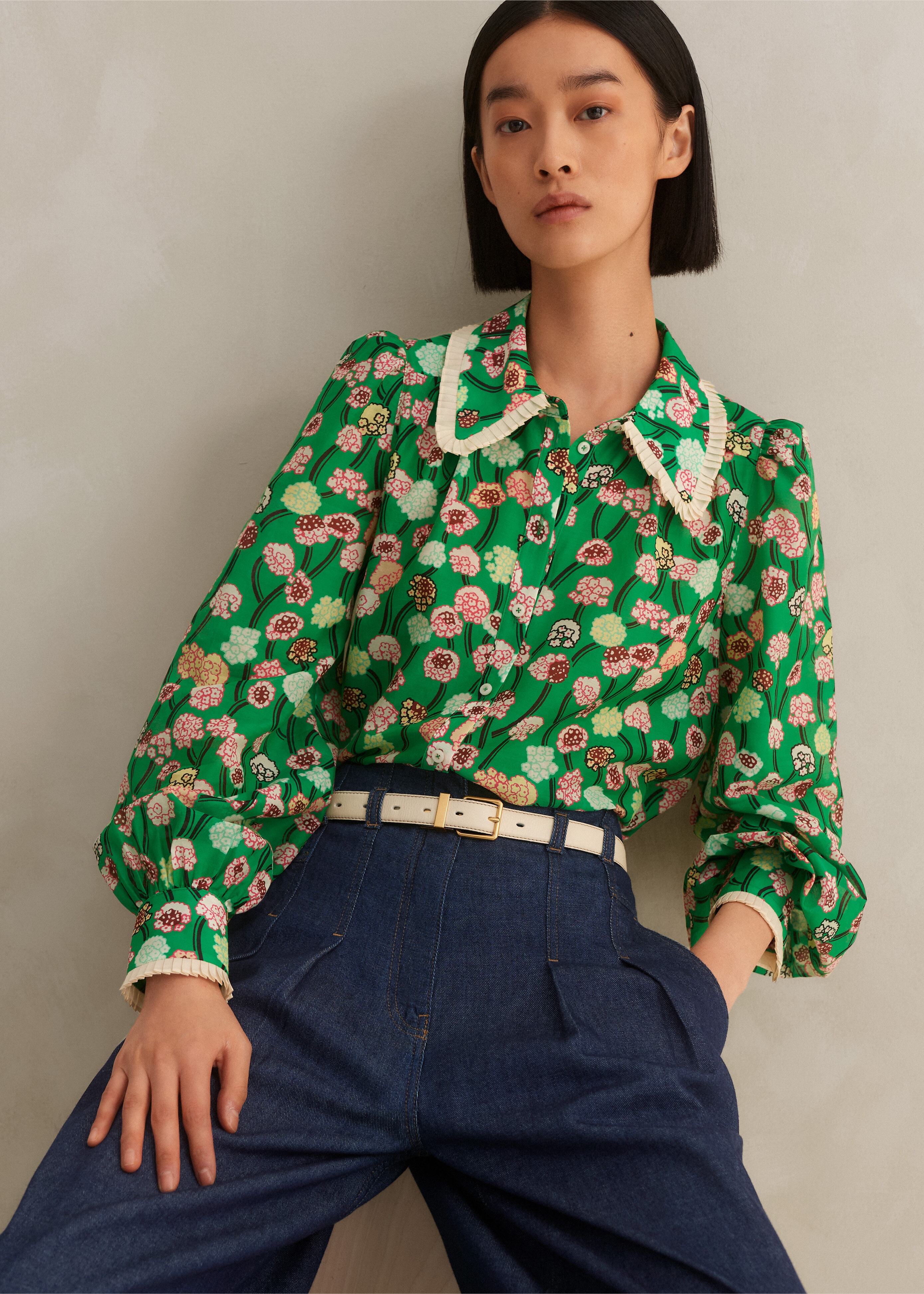 Silk Cotton Lantana Flower Print Shirt Green/Pink/Multi