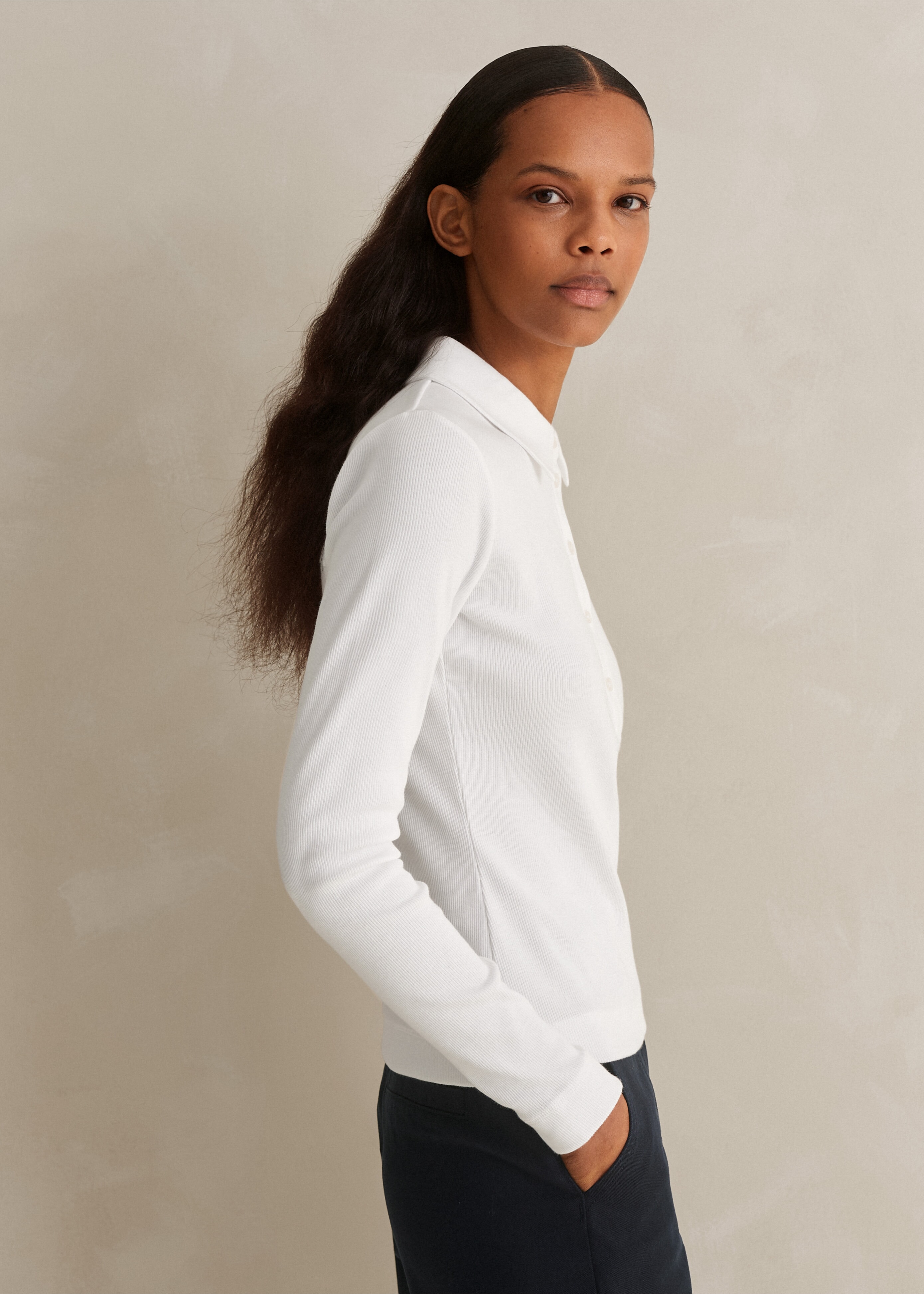 Cotton Rib Fitted Polo Top Fresh White