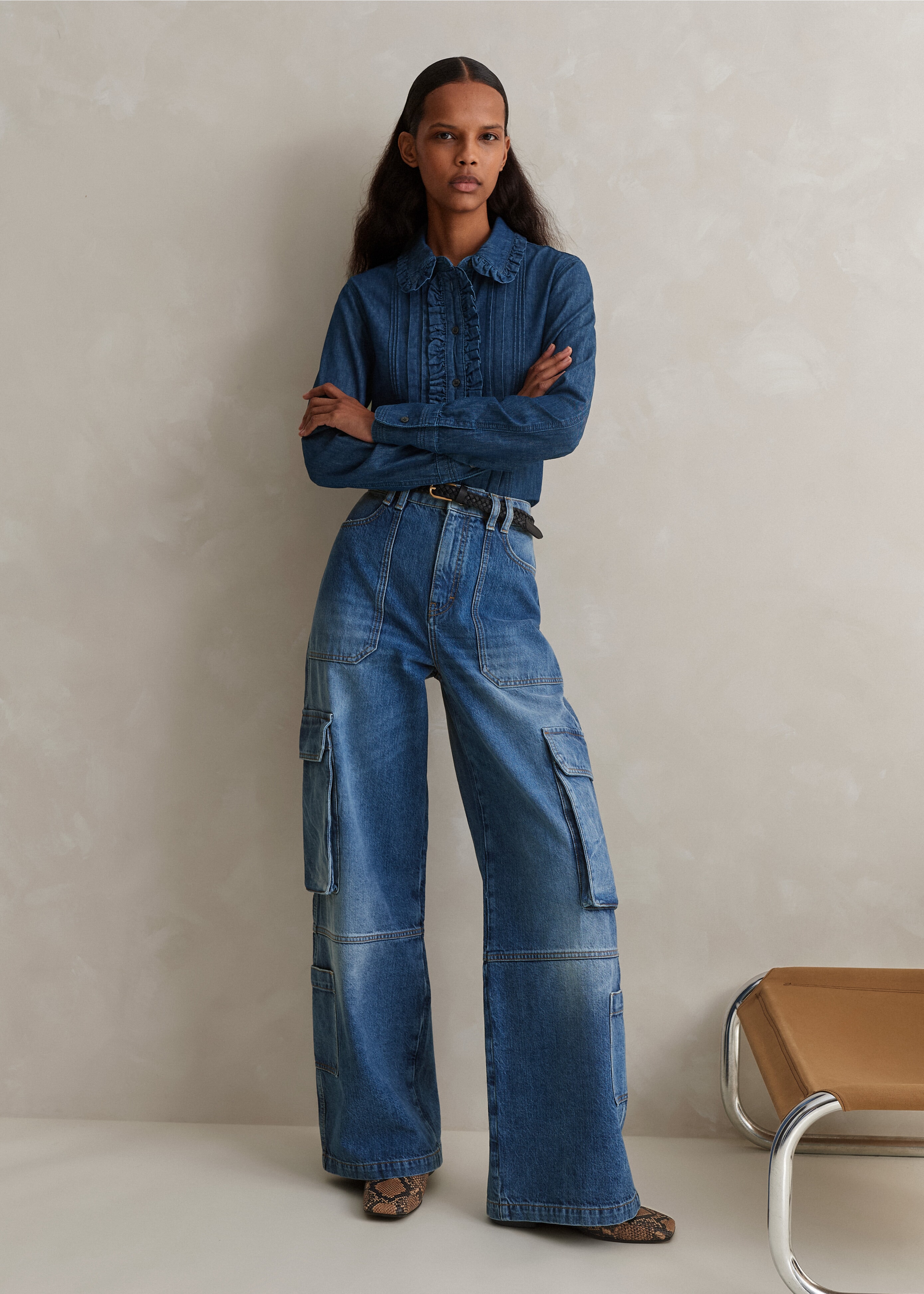 Baggy Cargo Denim Pant Mid Blue