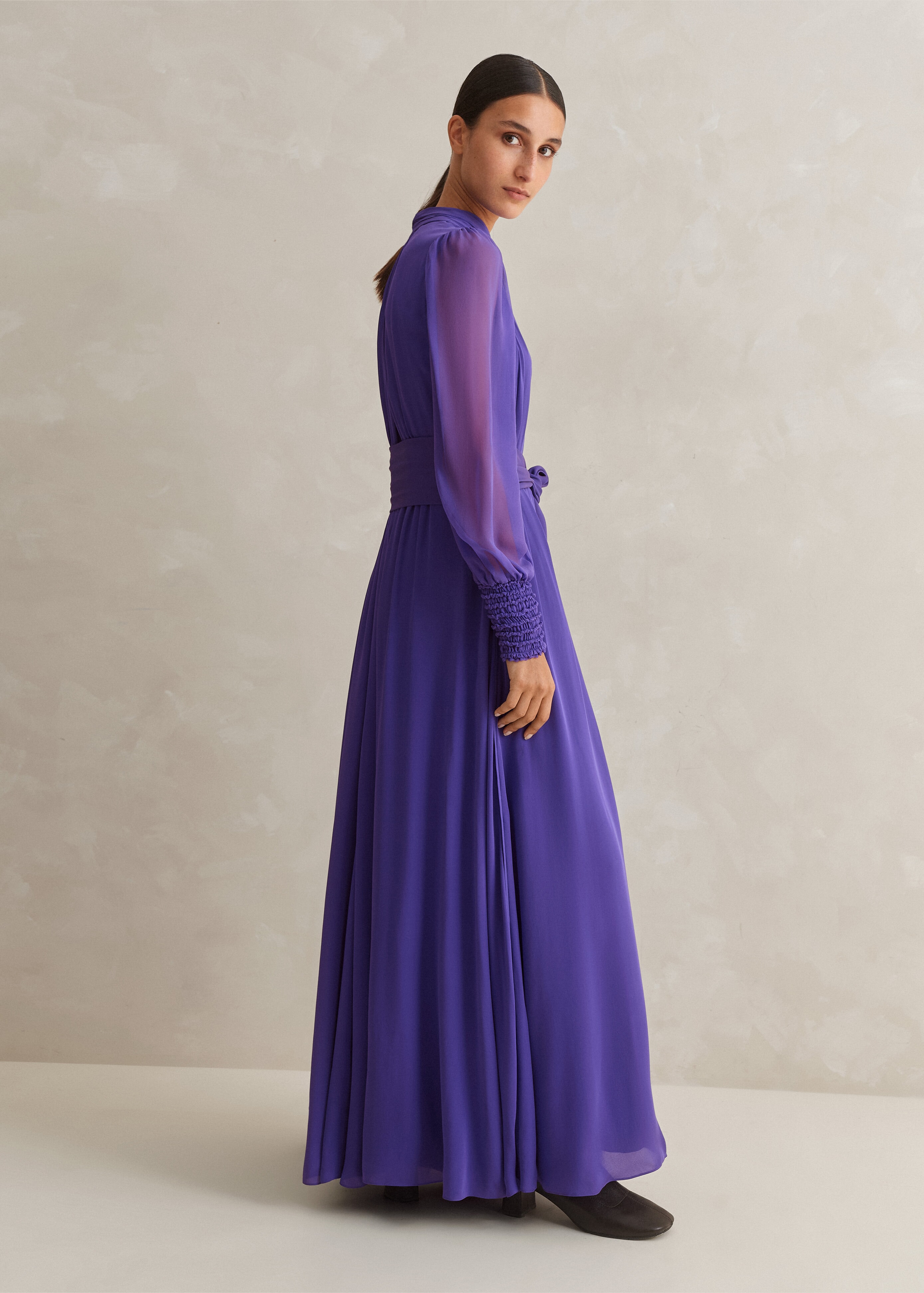 Silk Full-Length Dress With Corsage + Belt Winter Lilac