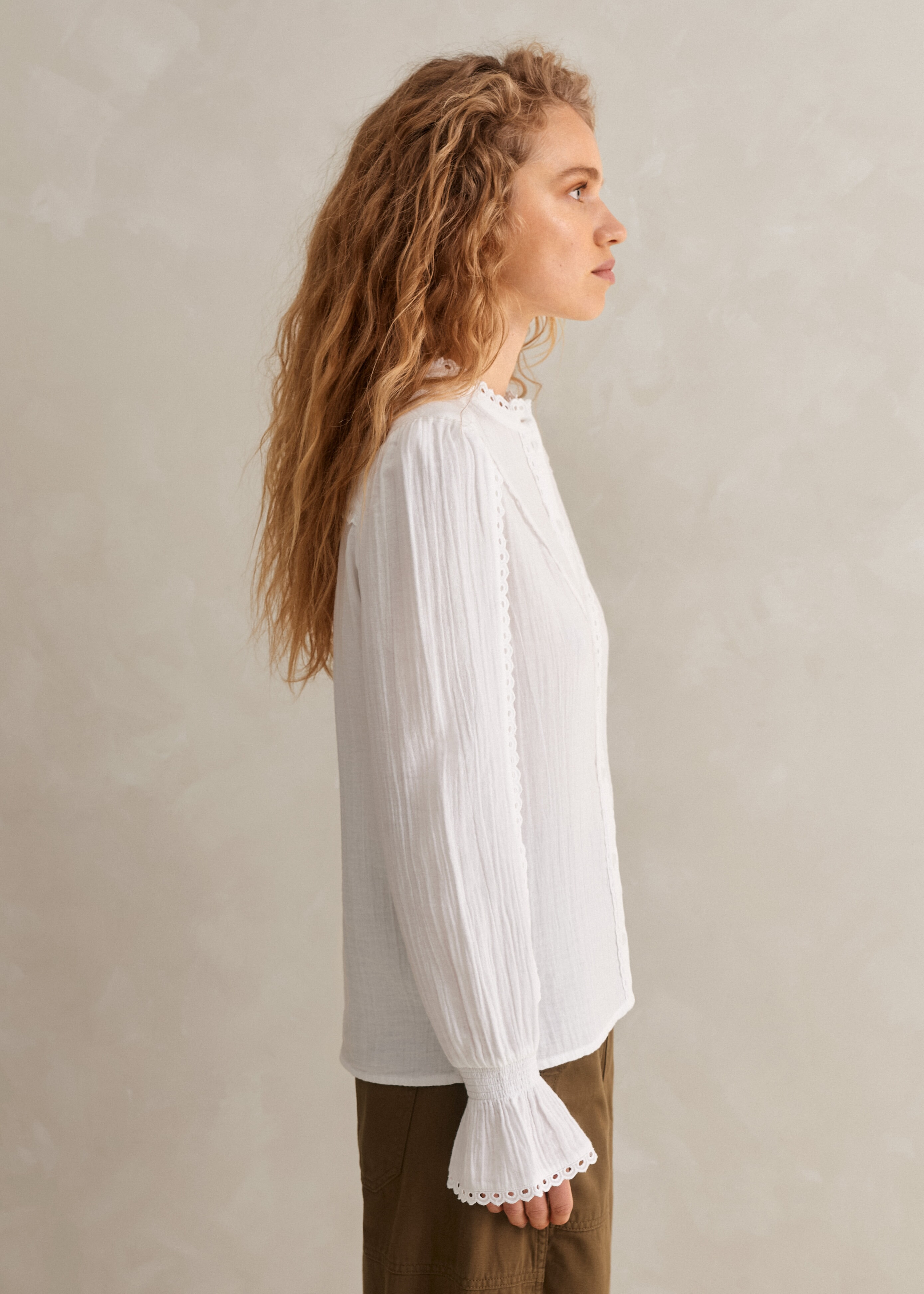 Cheesecloth Broderie Trim Blouse Soft White