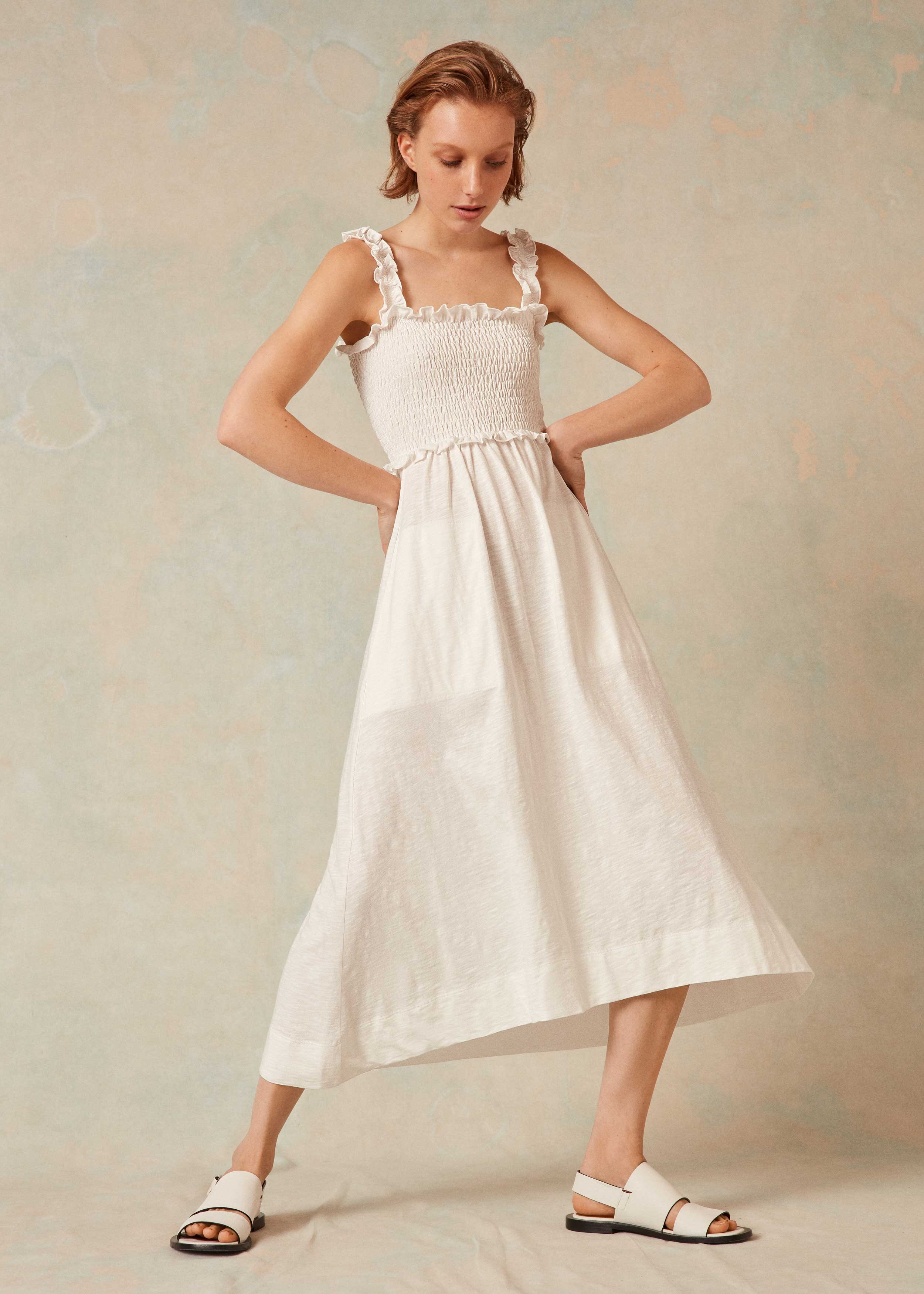 Smocked Summer Slub Dress Soft White