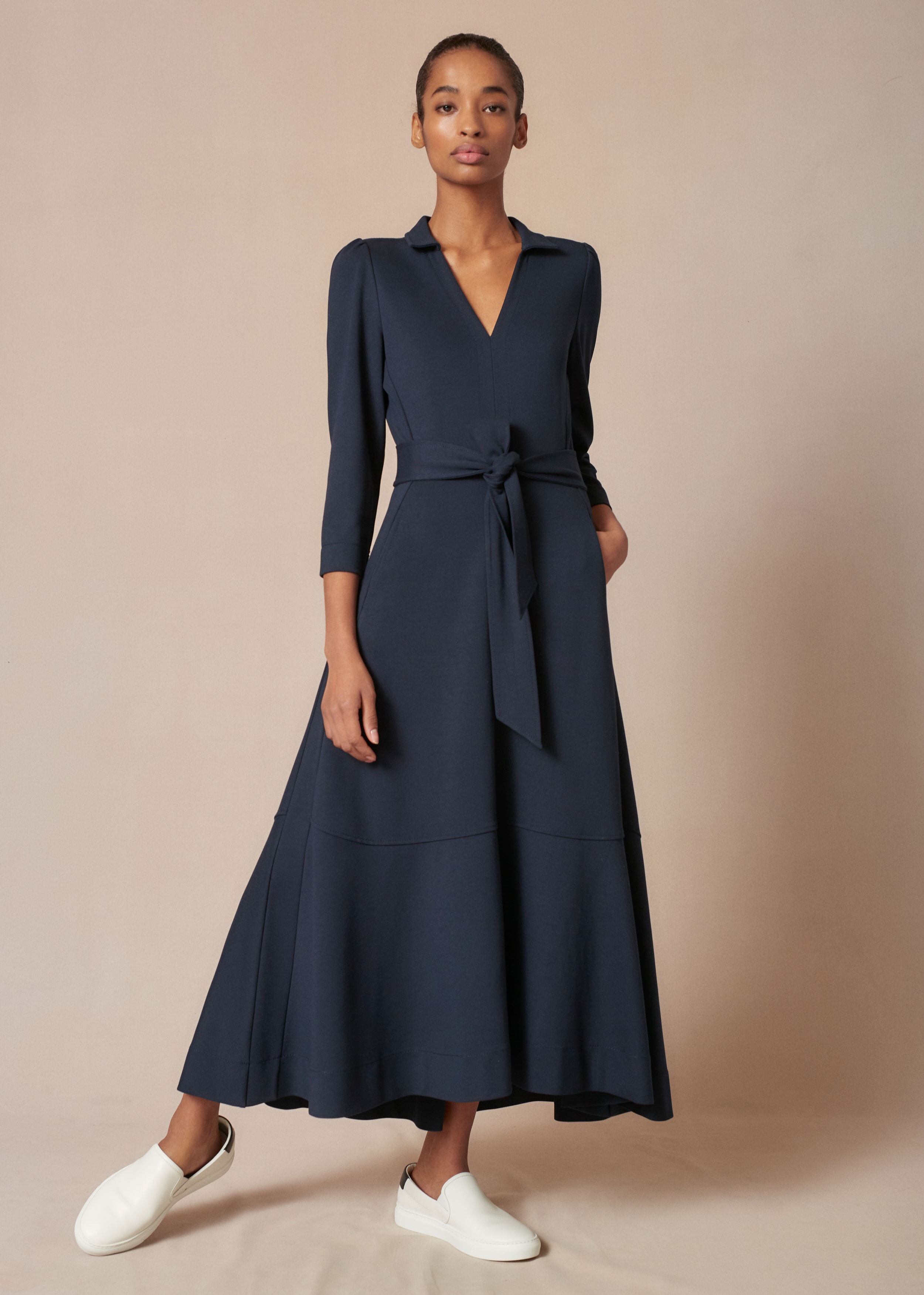 V Neck Fit + Flare Ponte Dress Navy