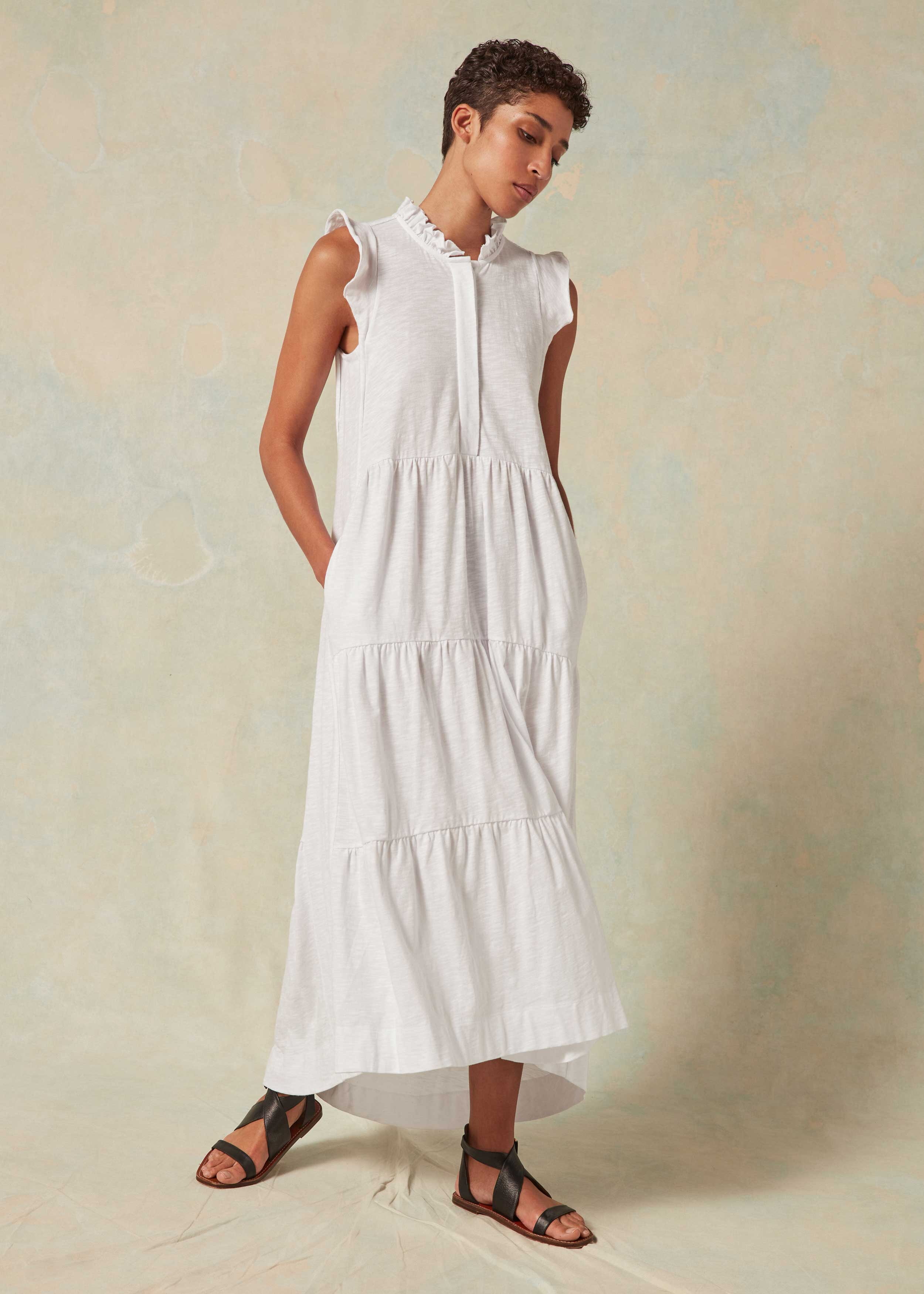 Frill Detail Cotton Midi Dress Fresh White