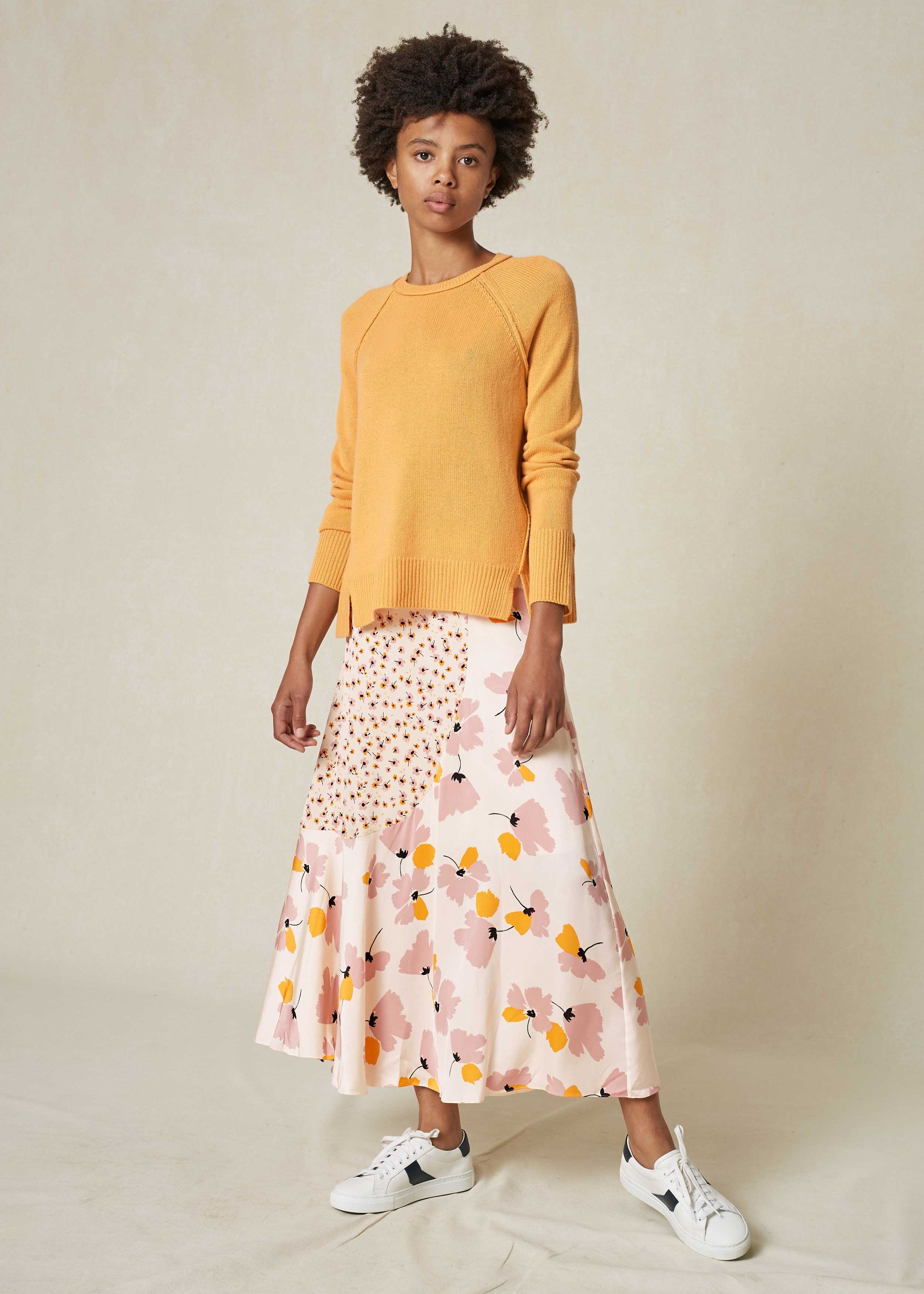 Romantic Floral Satin Skirt Soft White/Yellow/Pink