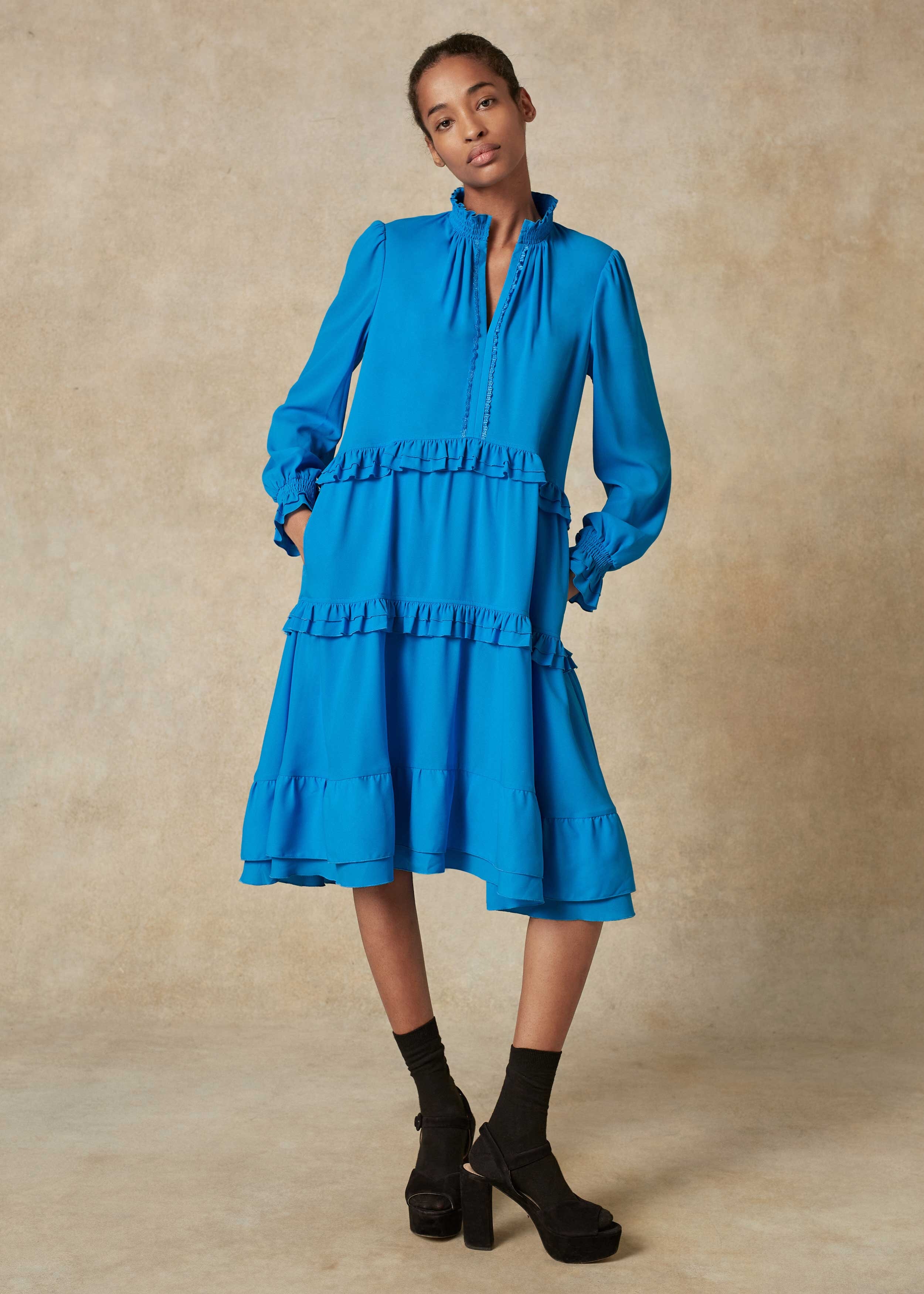 Statement Frill Swing Dress Signal Blue