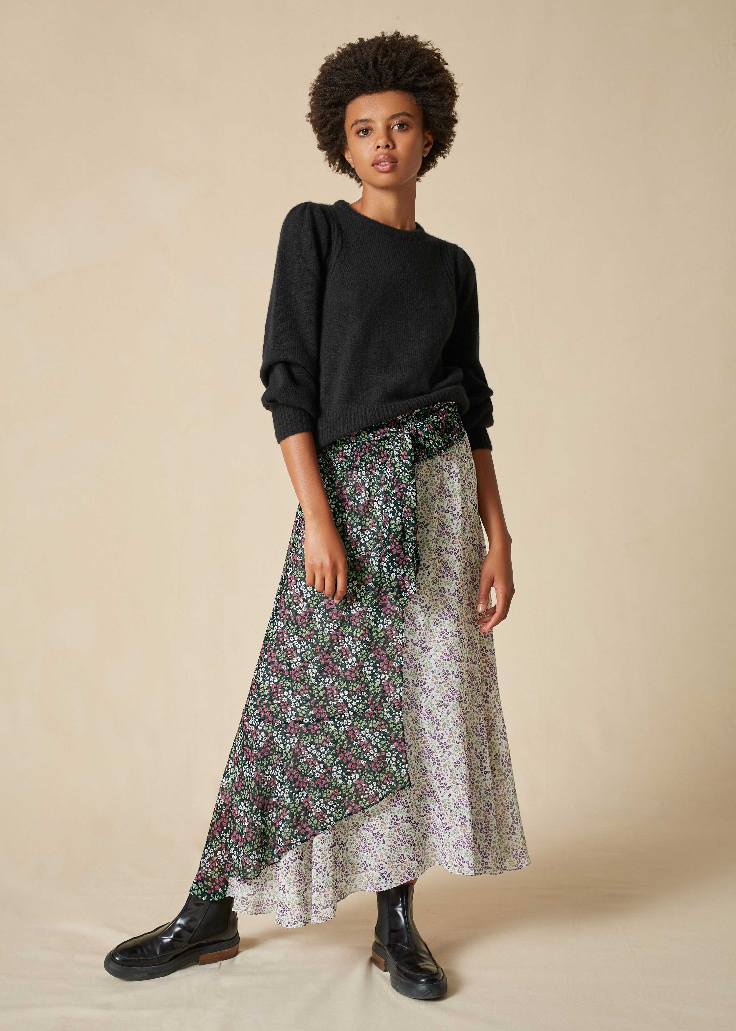 Shirred Waist Ditsy Floral Skirt + Belt Cream/Purple