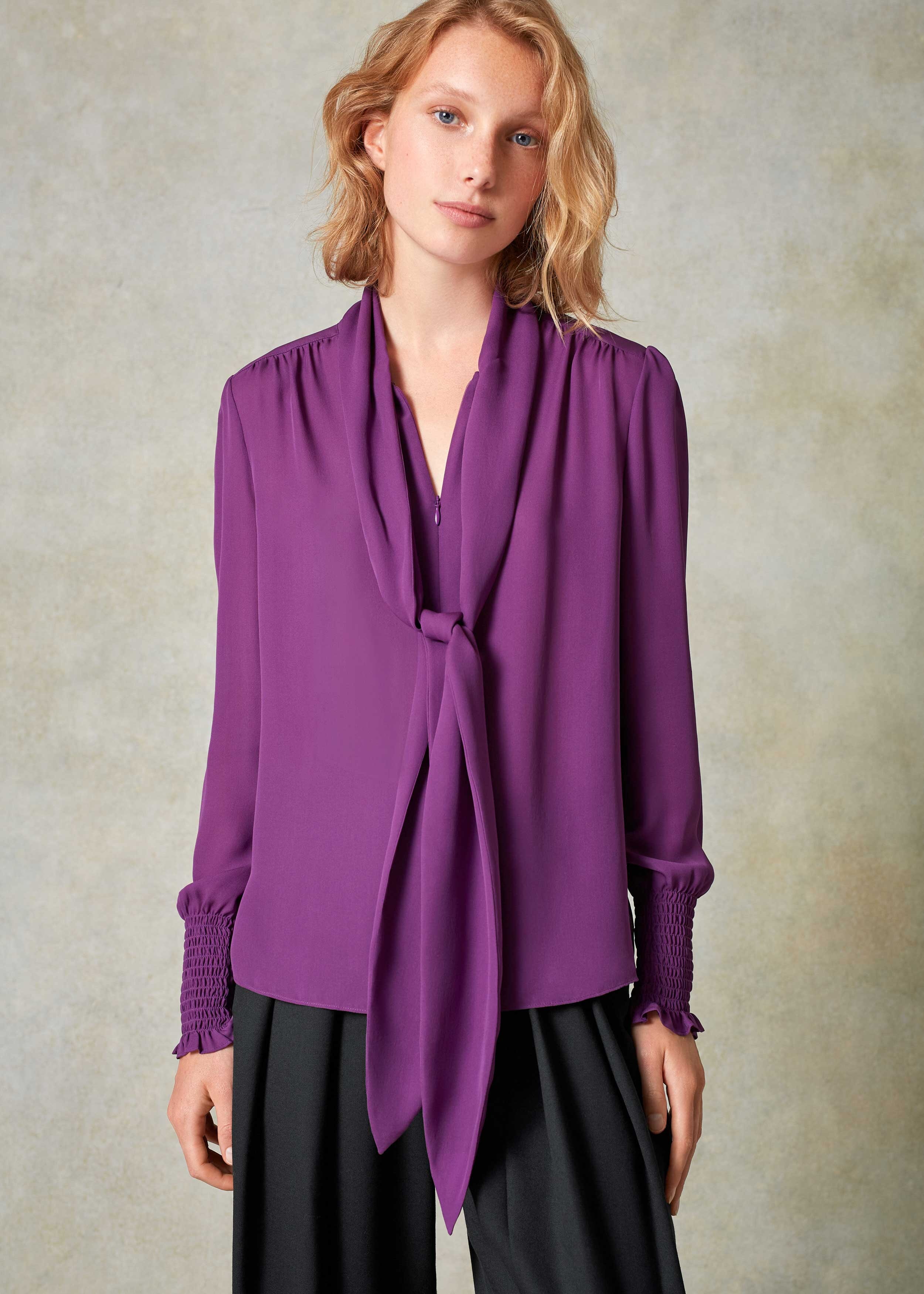 Silk Shirring Cuff Pussybow Blouse Purple