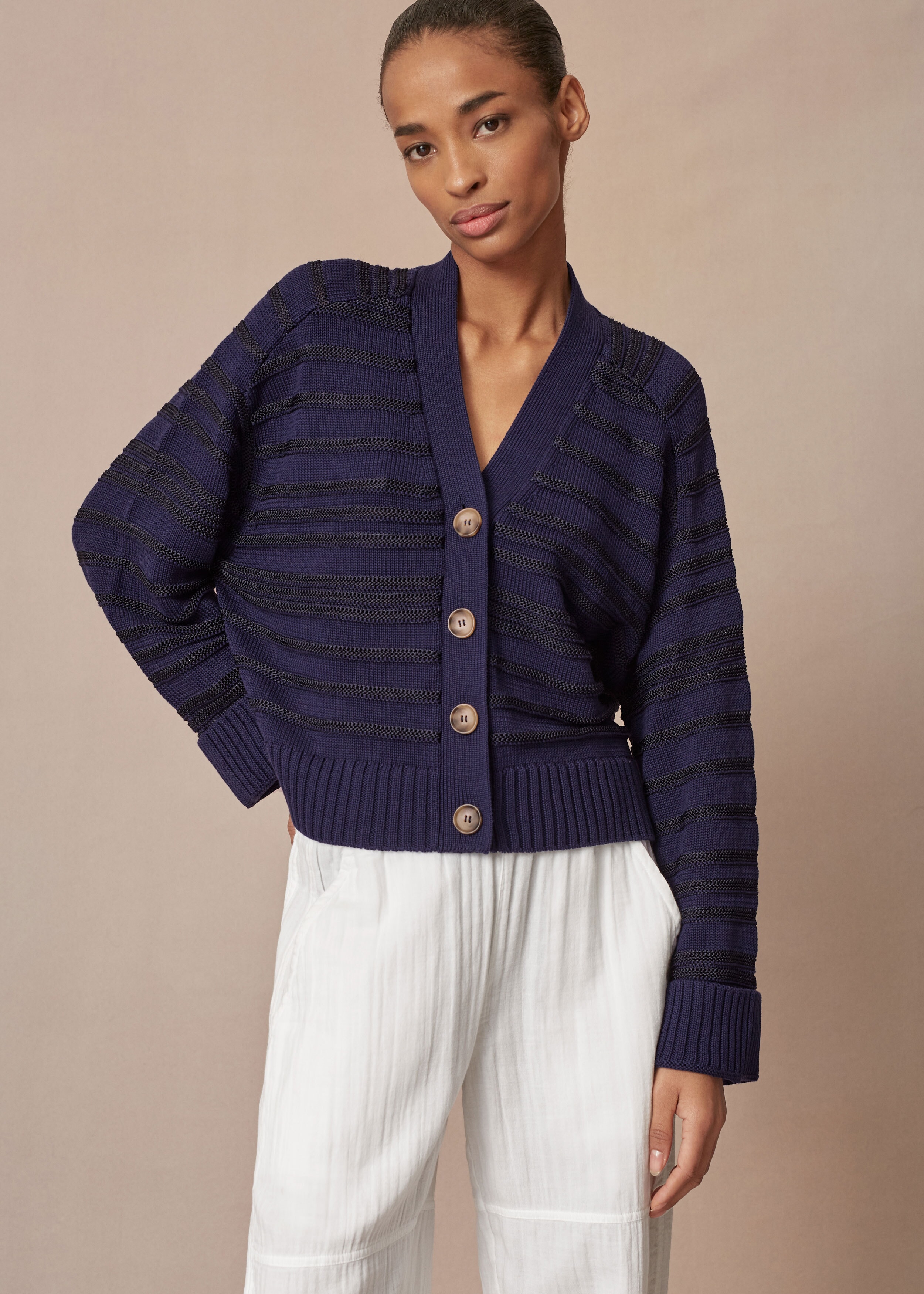 Raised Stripe Cotton Cardigan Indigo/Navy