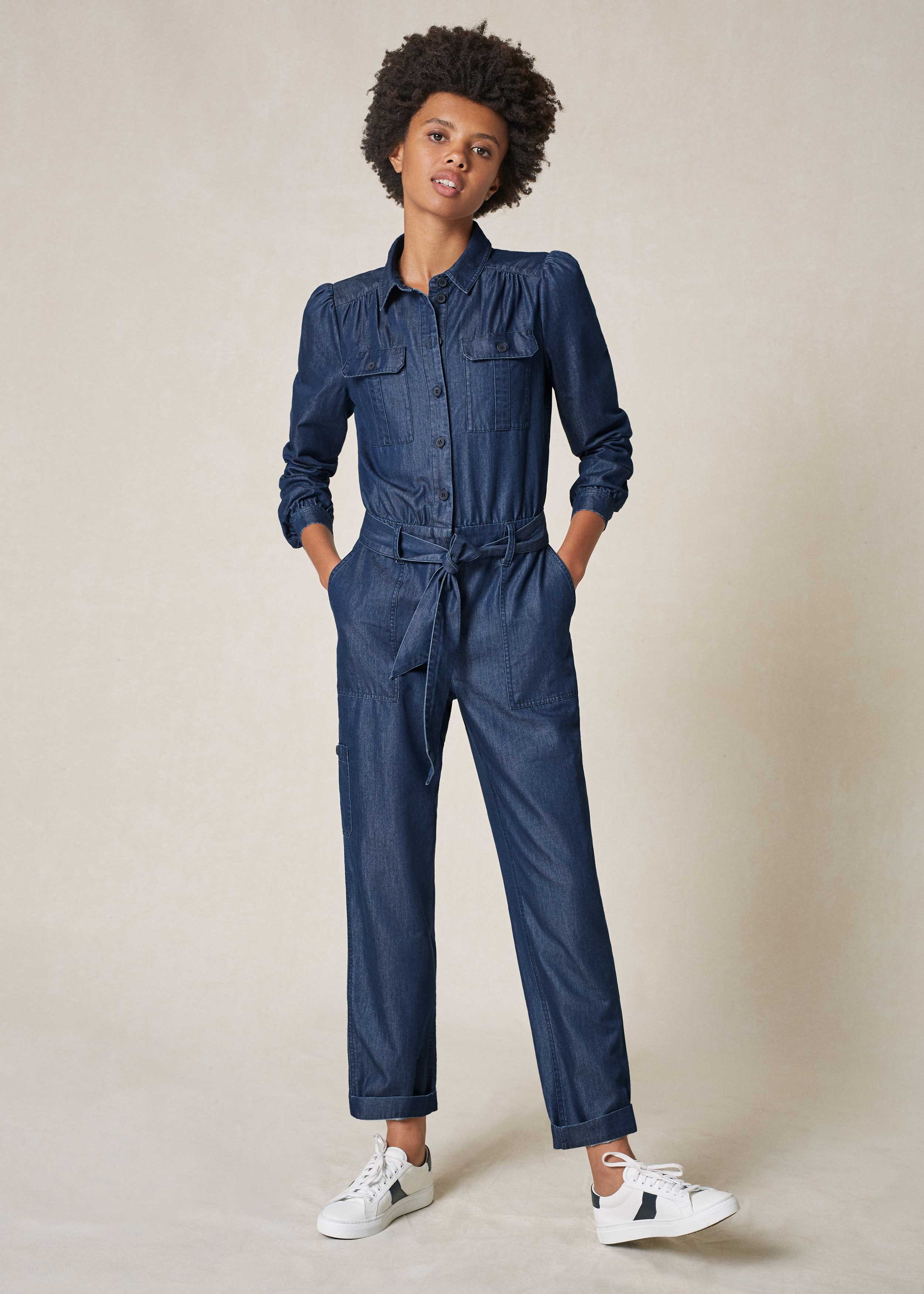 Feminine Denim Cargo Jumpsuit Dark Indigo