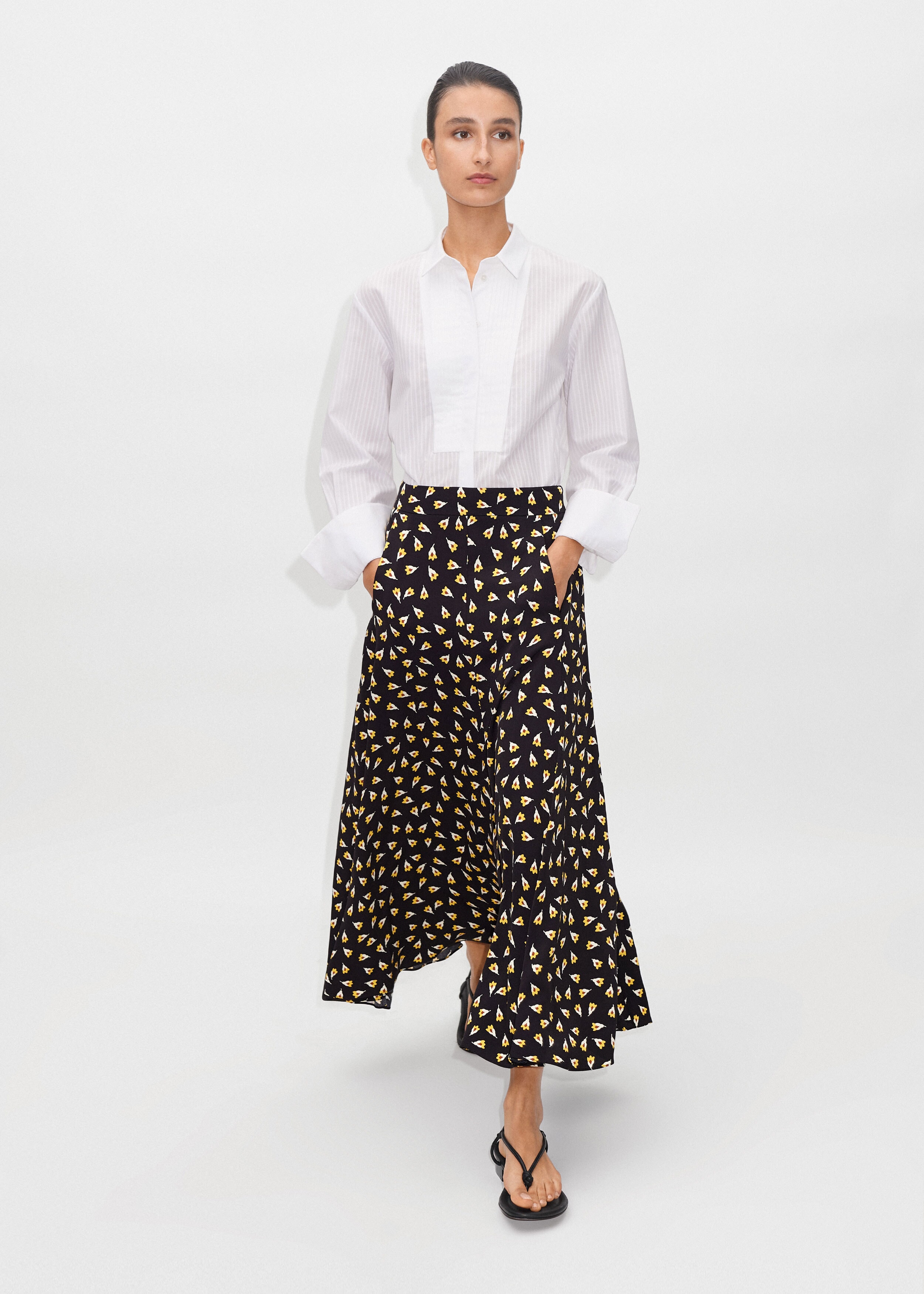 Flower Bud Print Flared Skirt Black/Yellow/Light Cream