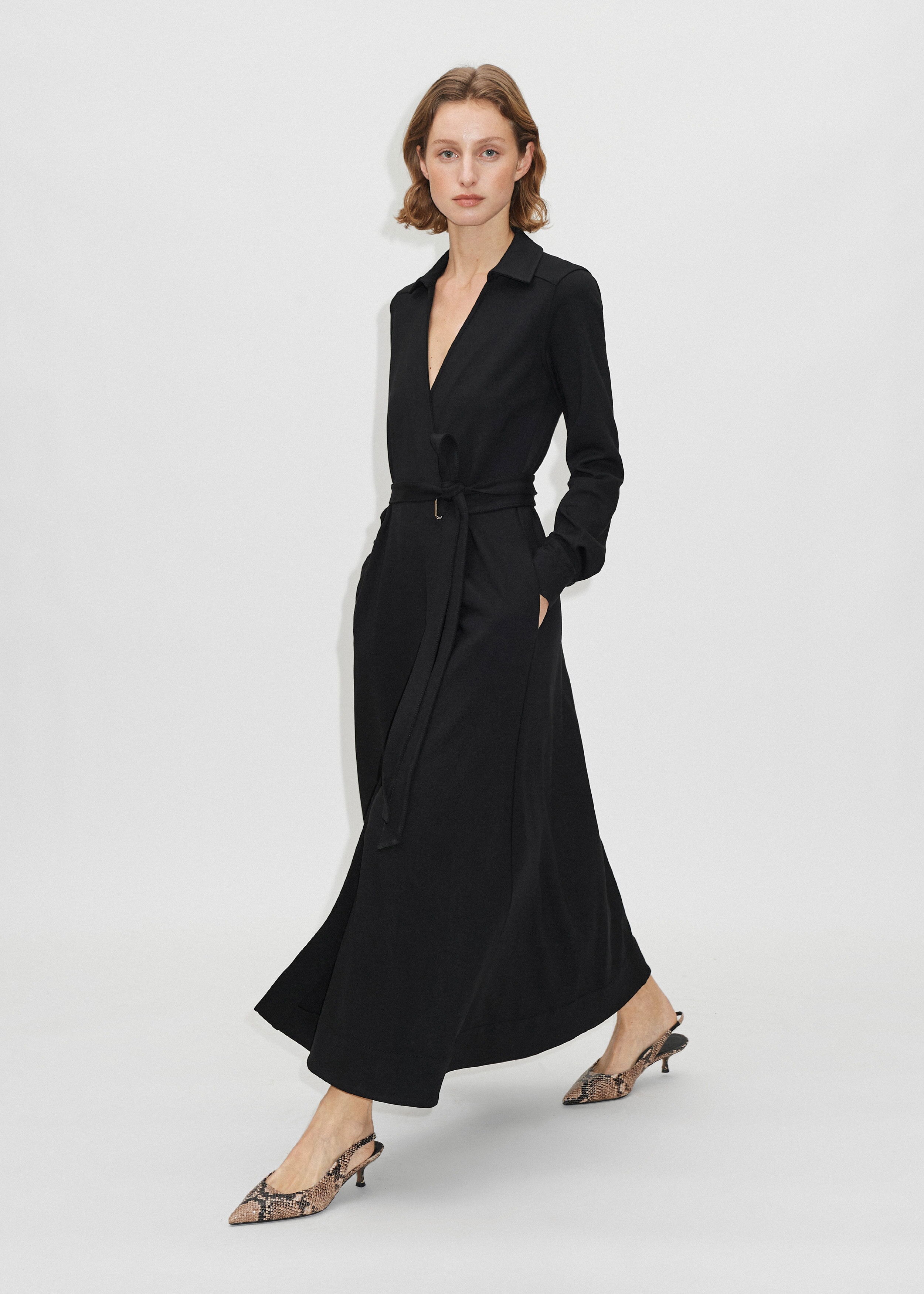 Ponte Eyelet Long Sleeve Wrap Maxi Dress + Belt Black