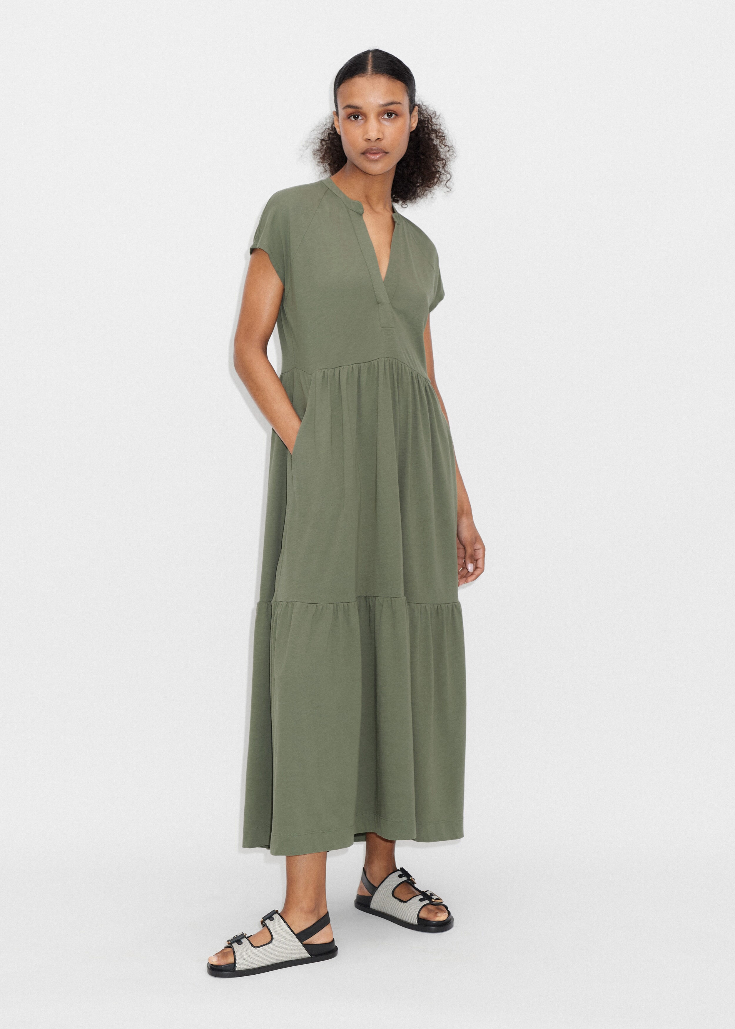 Open Collar Tiered Maxi Dress Dusty Olive