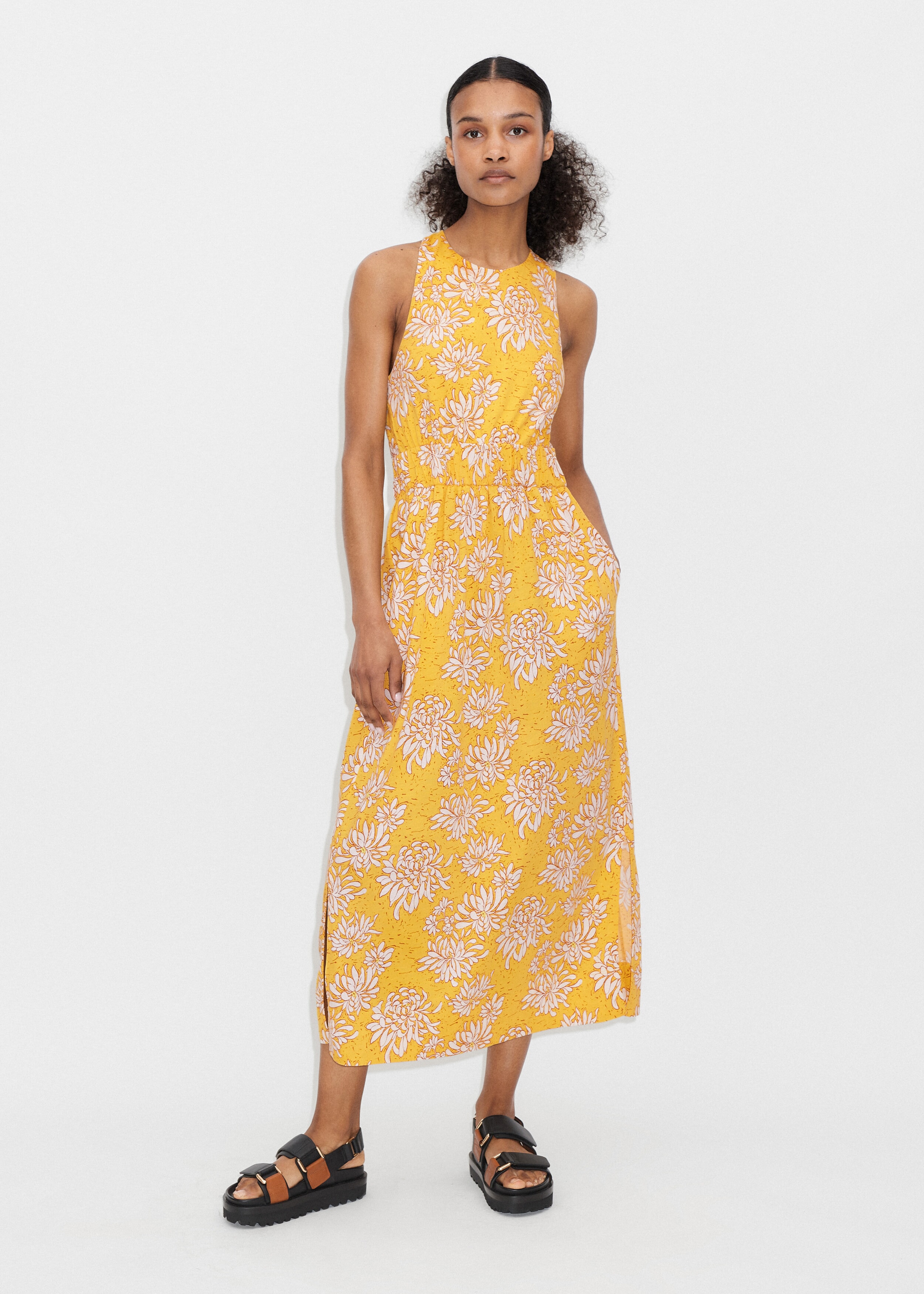 Dahlia Print Gather Detail Midi Dress | ME+EM Yellow/Soft White/Tan