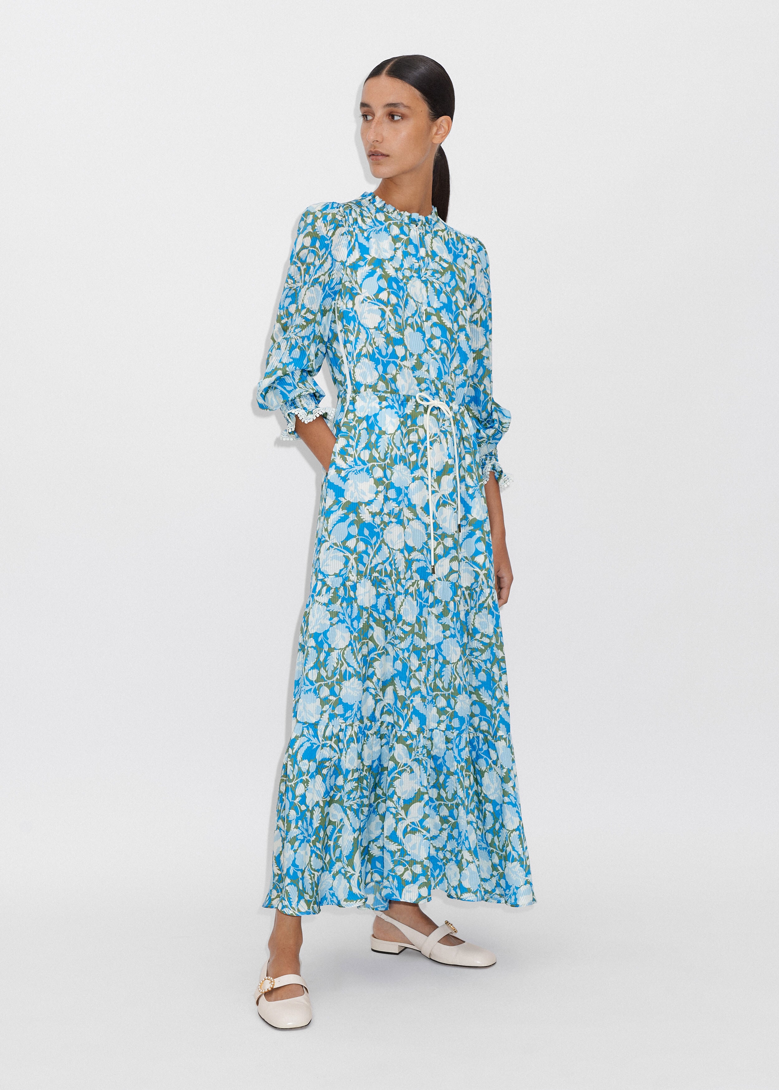 Silk-Blend Shadow Bloom Print Swing Dress + Belt Light Cream/Fresh ...