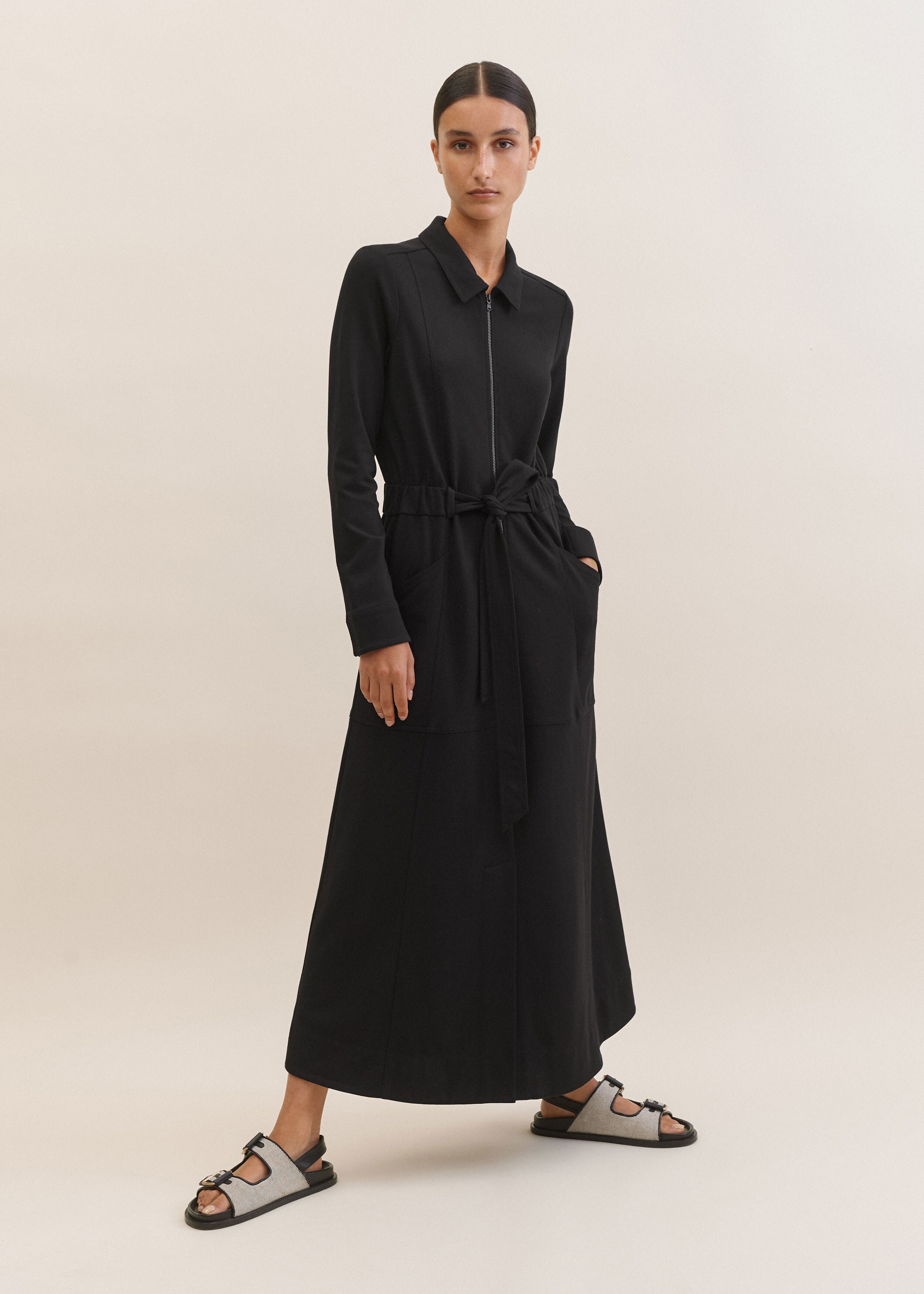 Ponte Long Sleeve Shirt Collar Maxi Dress + Belt Black