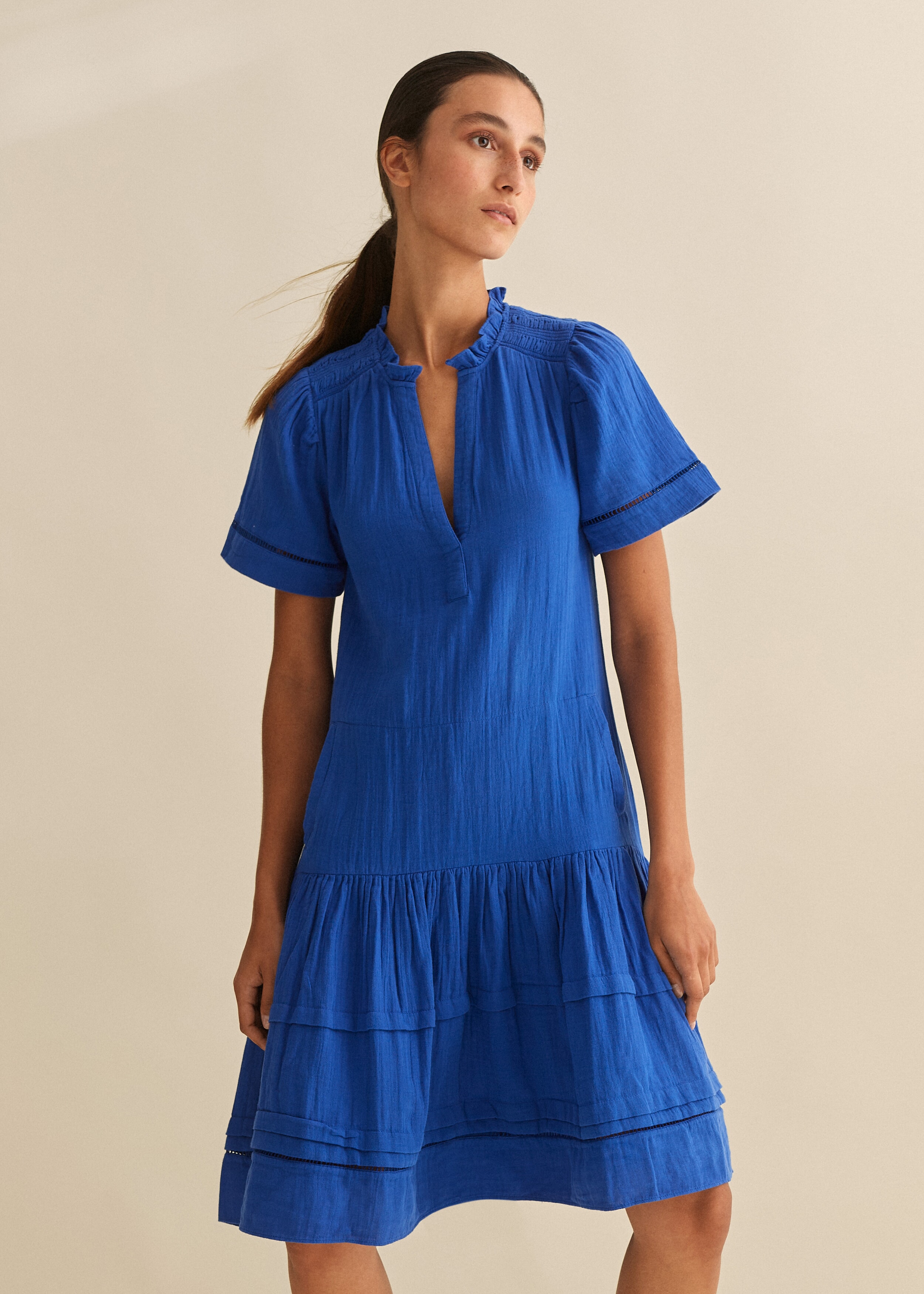 Cheesecloth Pleat Detail Swing Dress Electric Blue