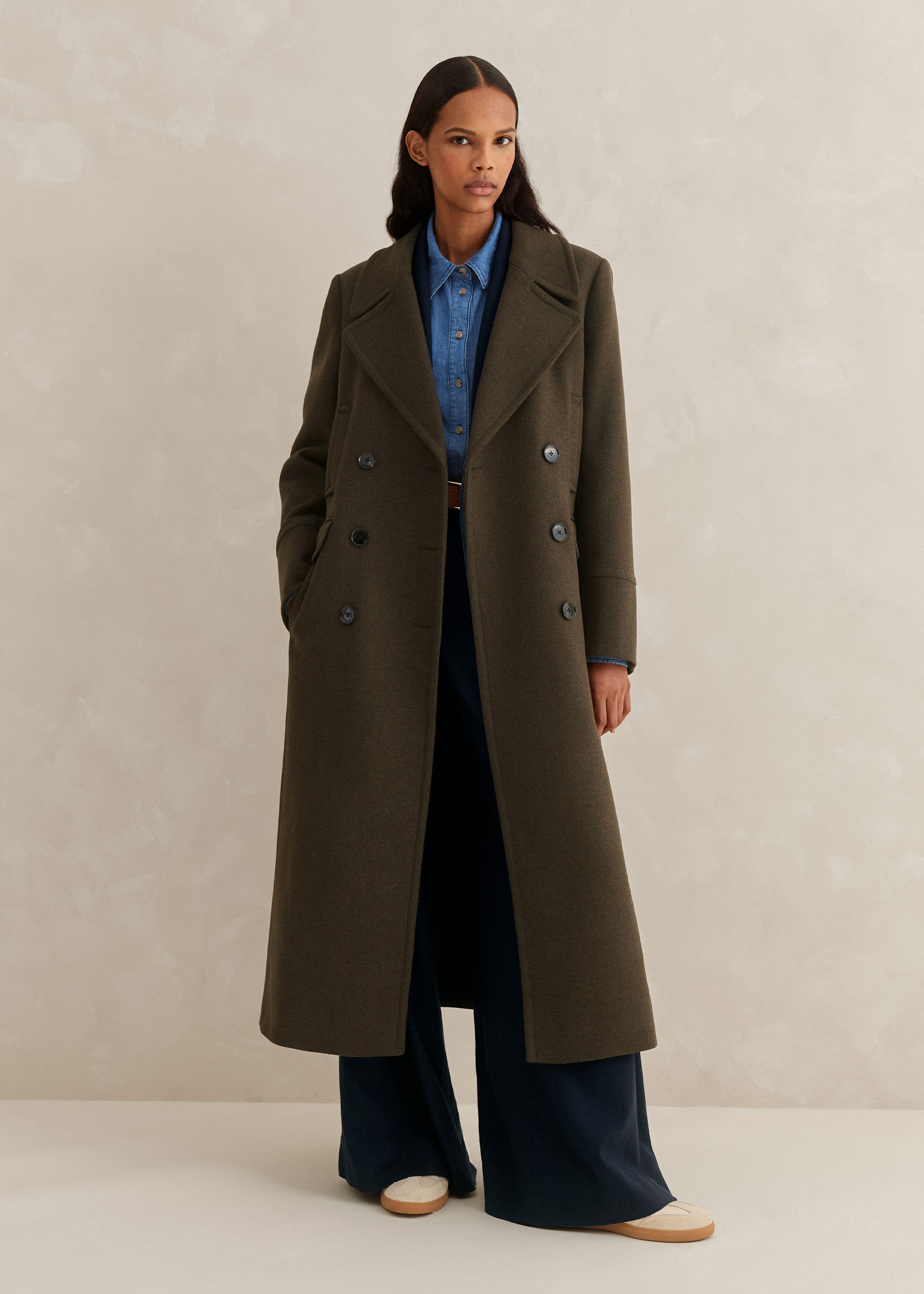 Melange Wool Longline Coat Khaki
