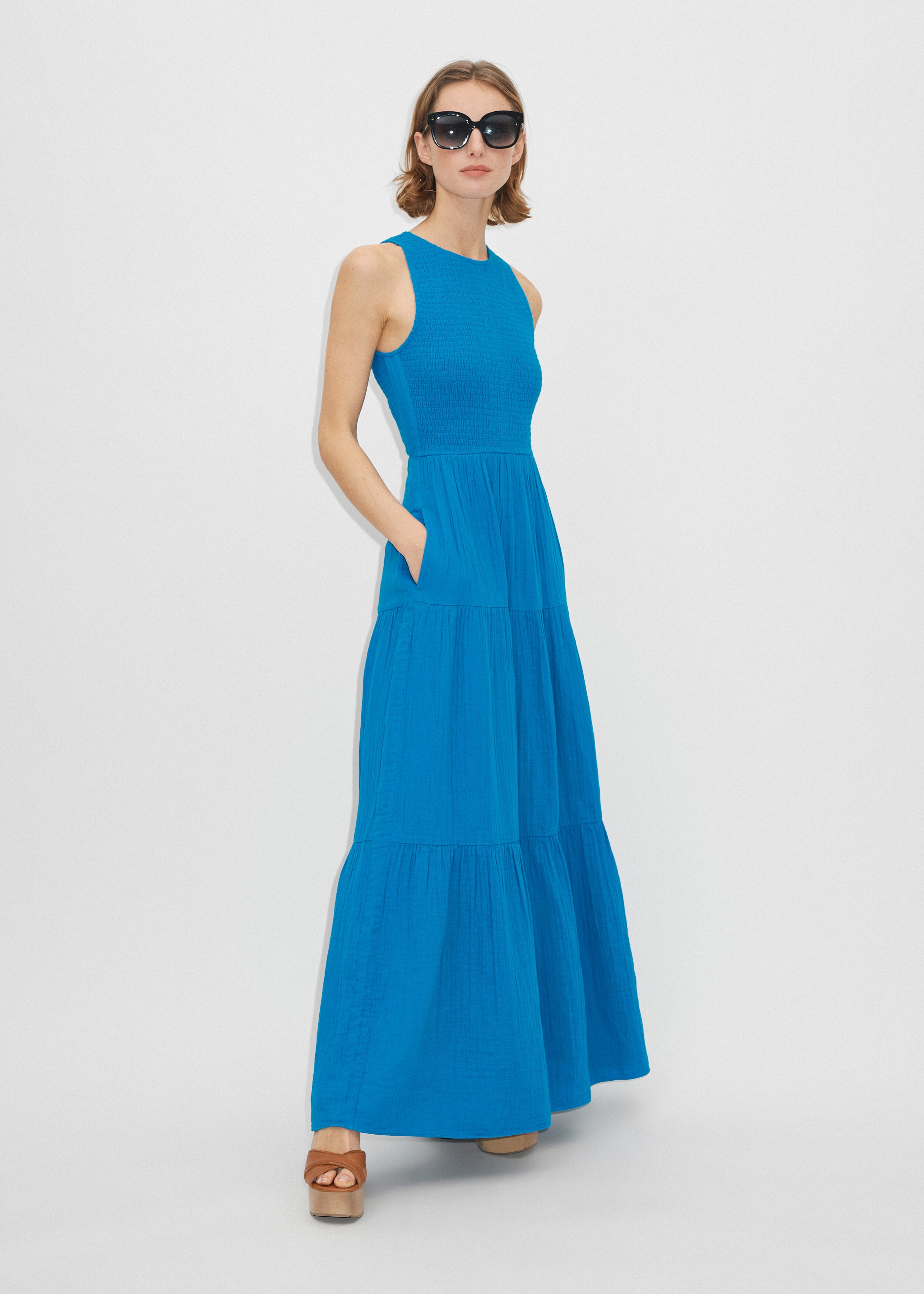 Cheesecloth Shirred Halterneck Maxi Dress Aqua