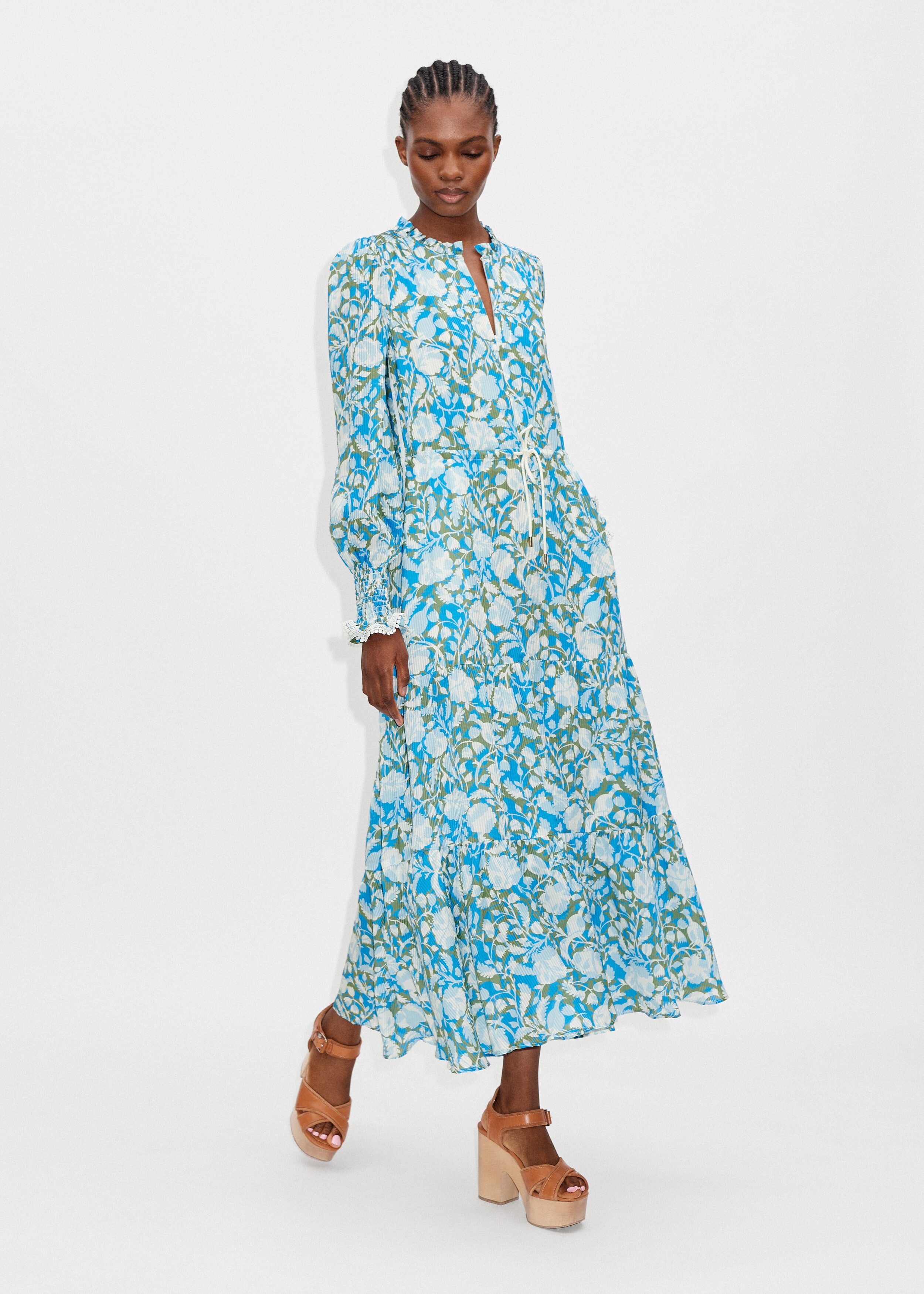 Silk-Blend Shadow Bloom Print Maxi Dress Light Cream/Fresh Morning Blue ...