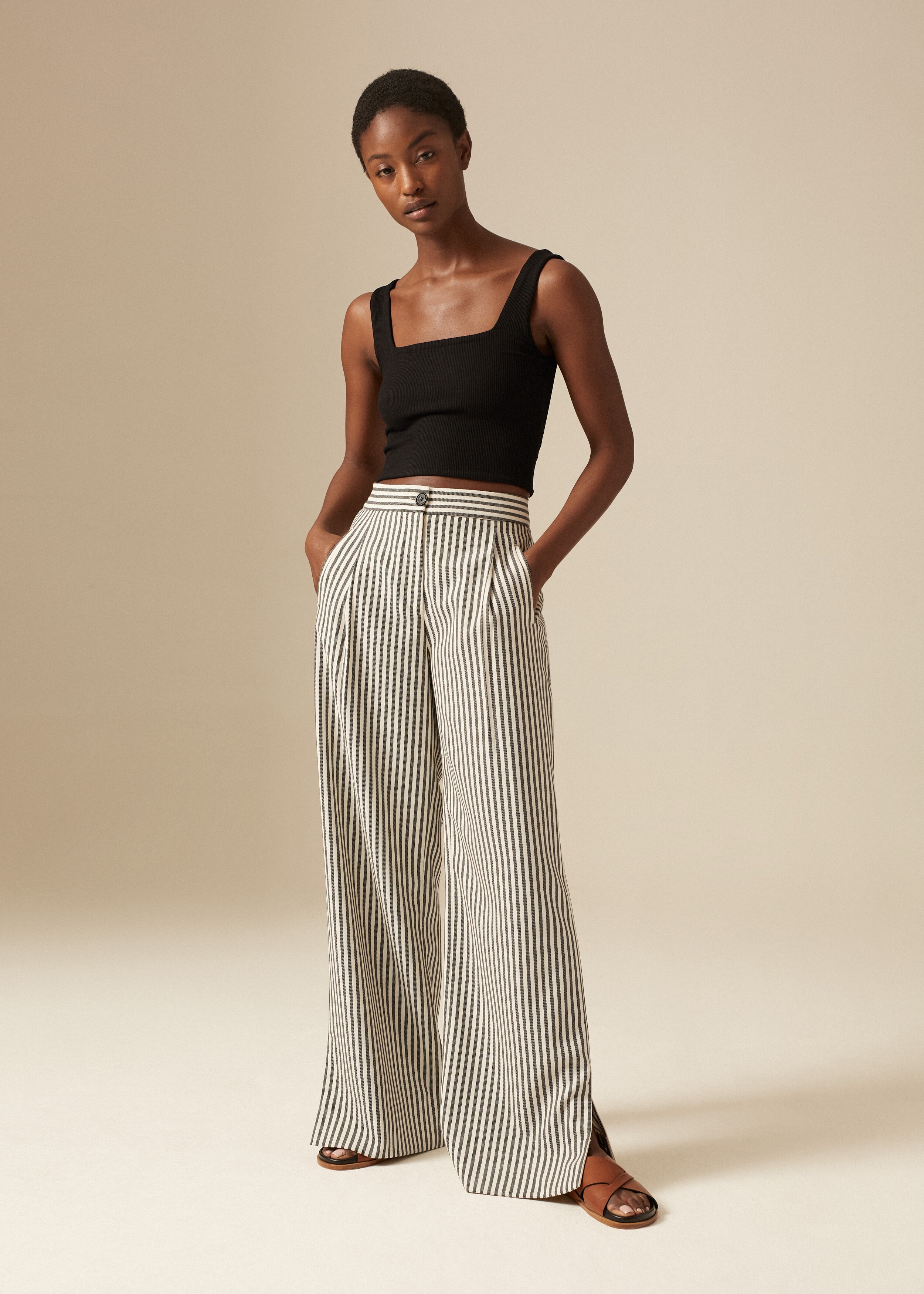 SweatyRocks Women's Vertical Striped Straight Leg Elastic High Waist Long  Pants Casual Trousers Black White L at Amazon Women's Clothing store