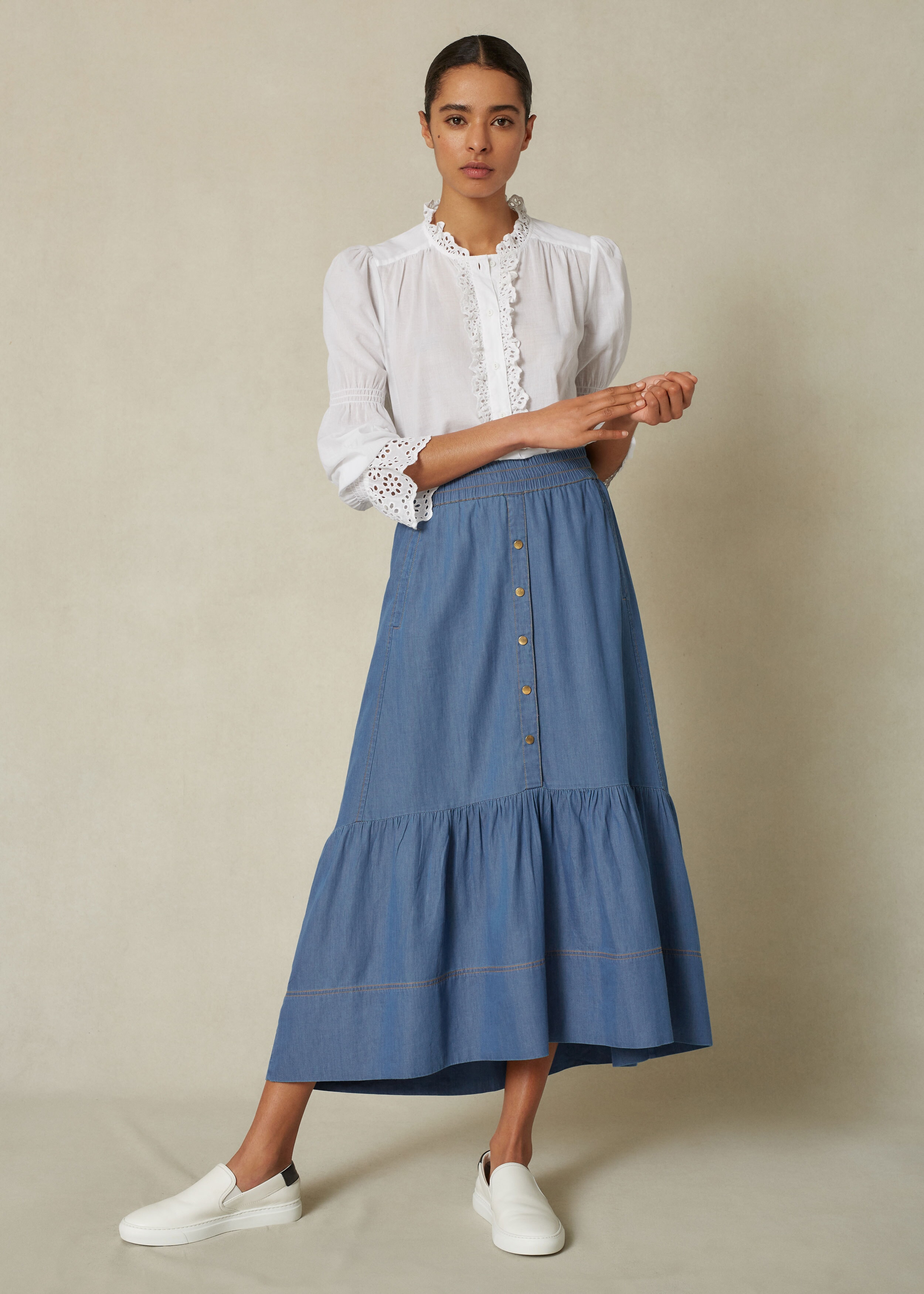 Chambray Denim Skirt + Belt Denim Blue