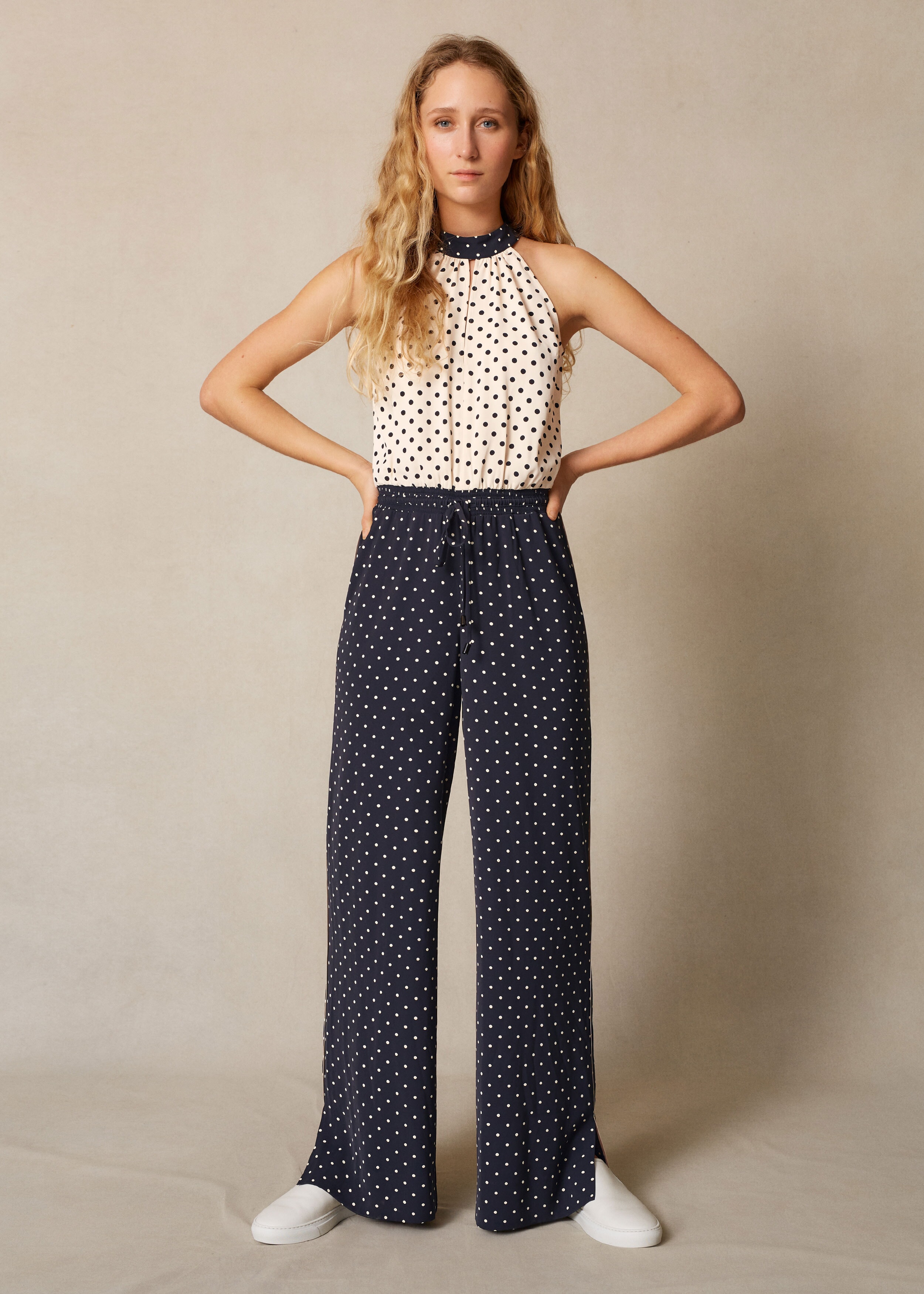 Halterneck Mixed Polka Dot Jumpsuit + Tie ME+EM Navy/Cream