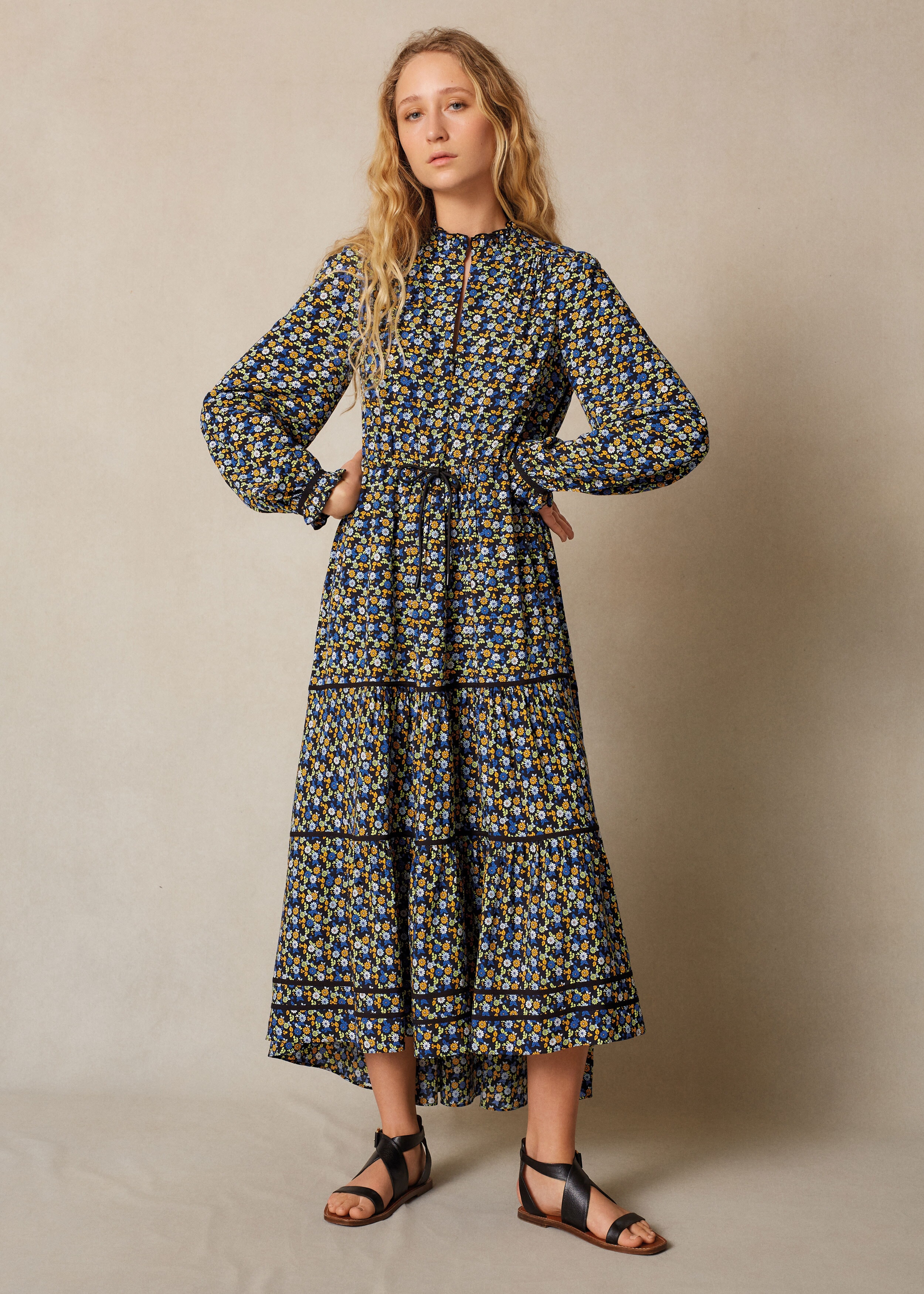 Daisy Print Tiered Maxi Dress Black/Blue/Yellow