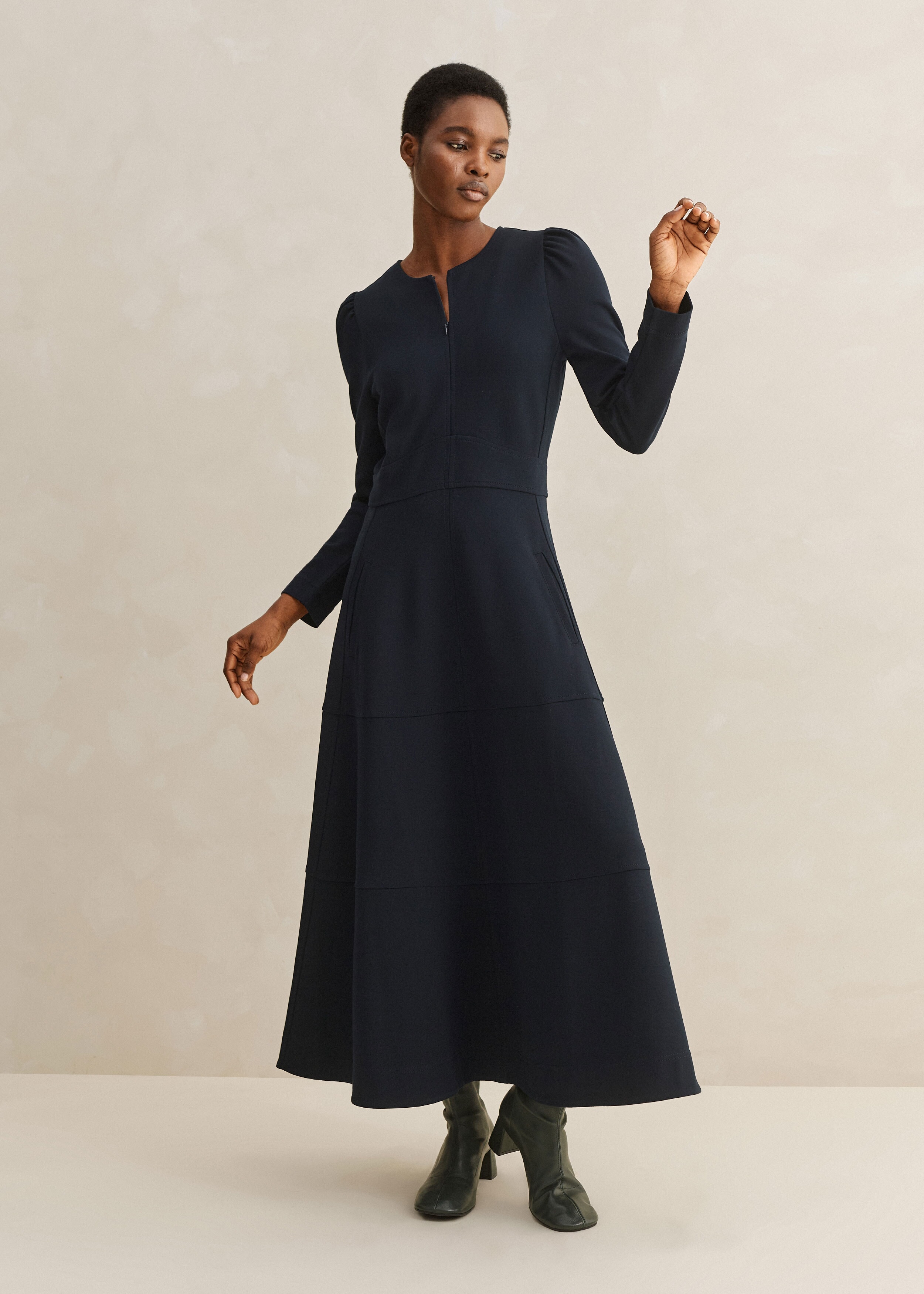 Ponte Stitch Fit and Flare Maxi Dress Navy