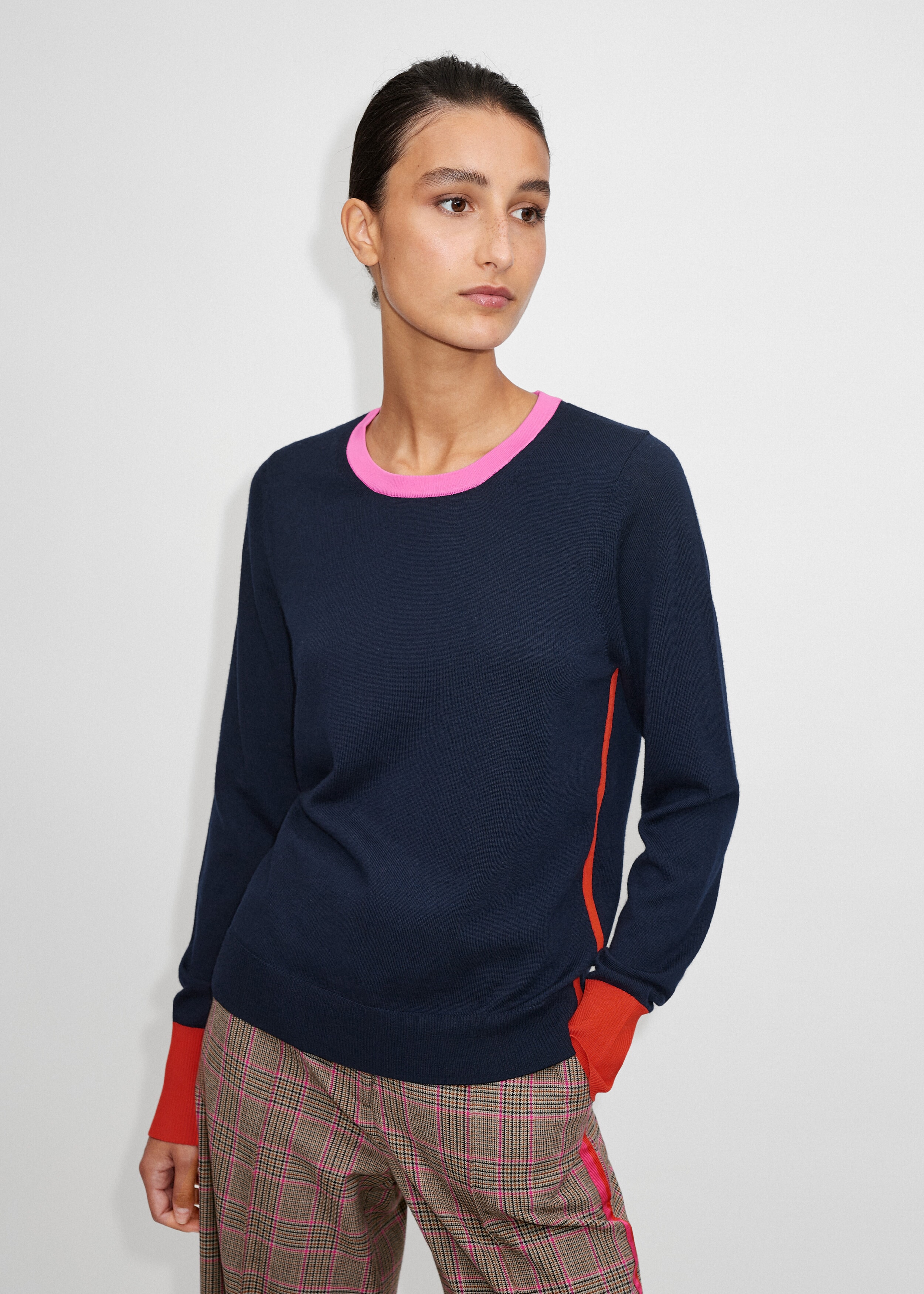 Merino Colour Block Sweater Navy/Ultra Pink/Burnt Orange