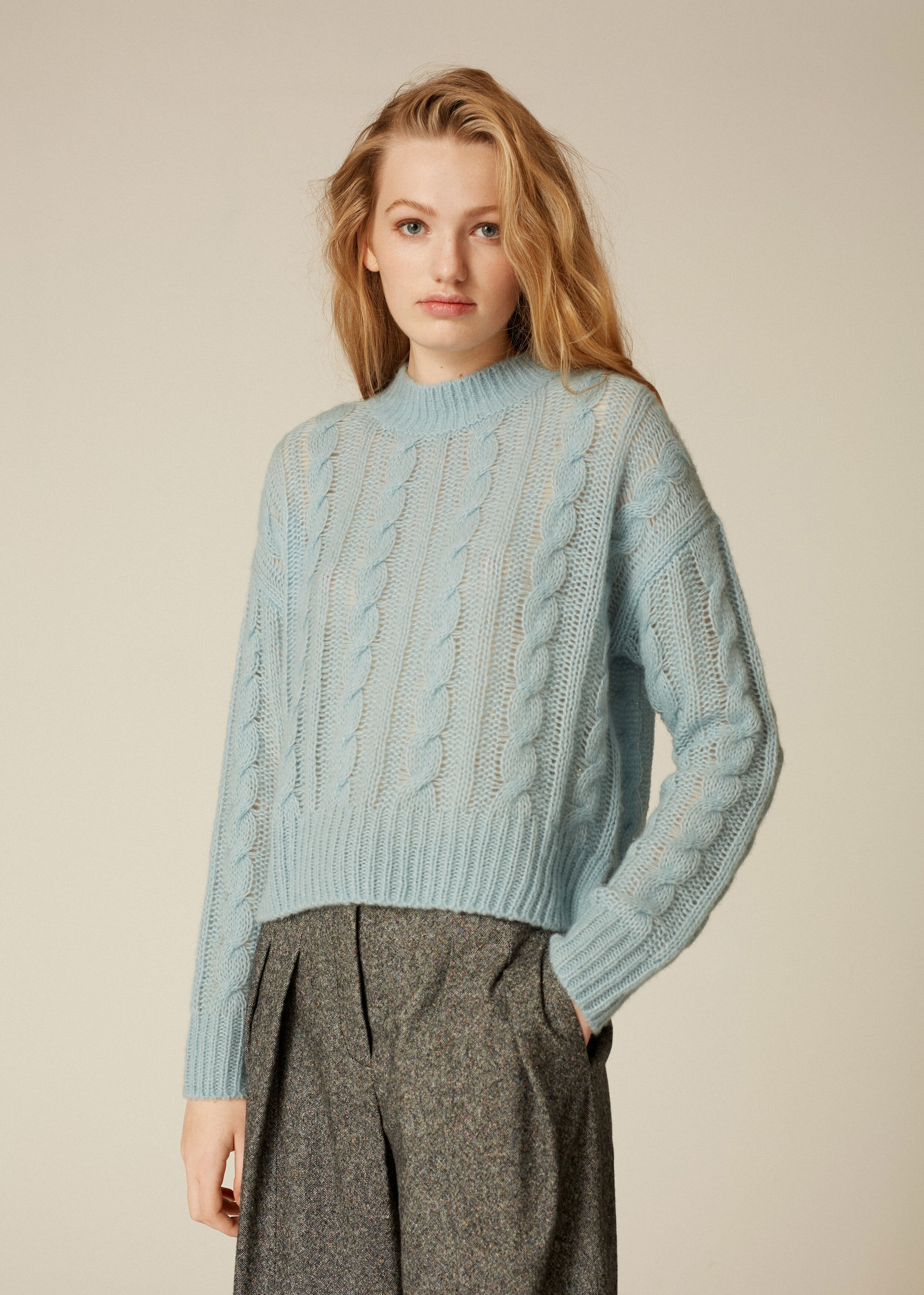 Cashmere Silk Cable Knit Sweater Bright Powder Blue