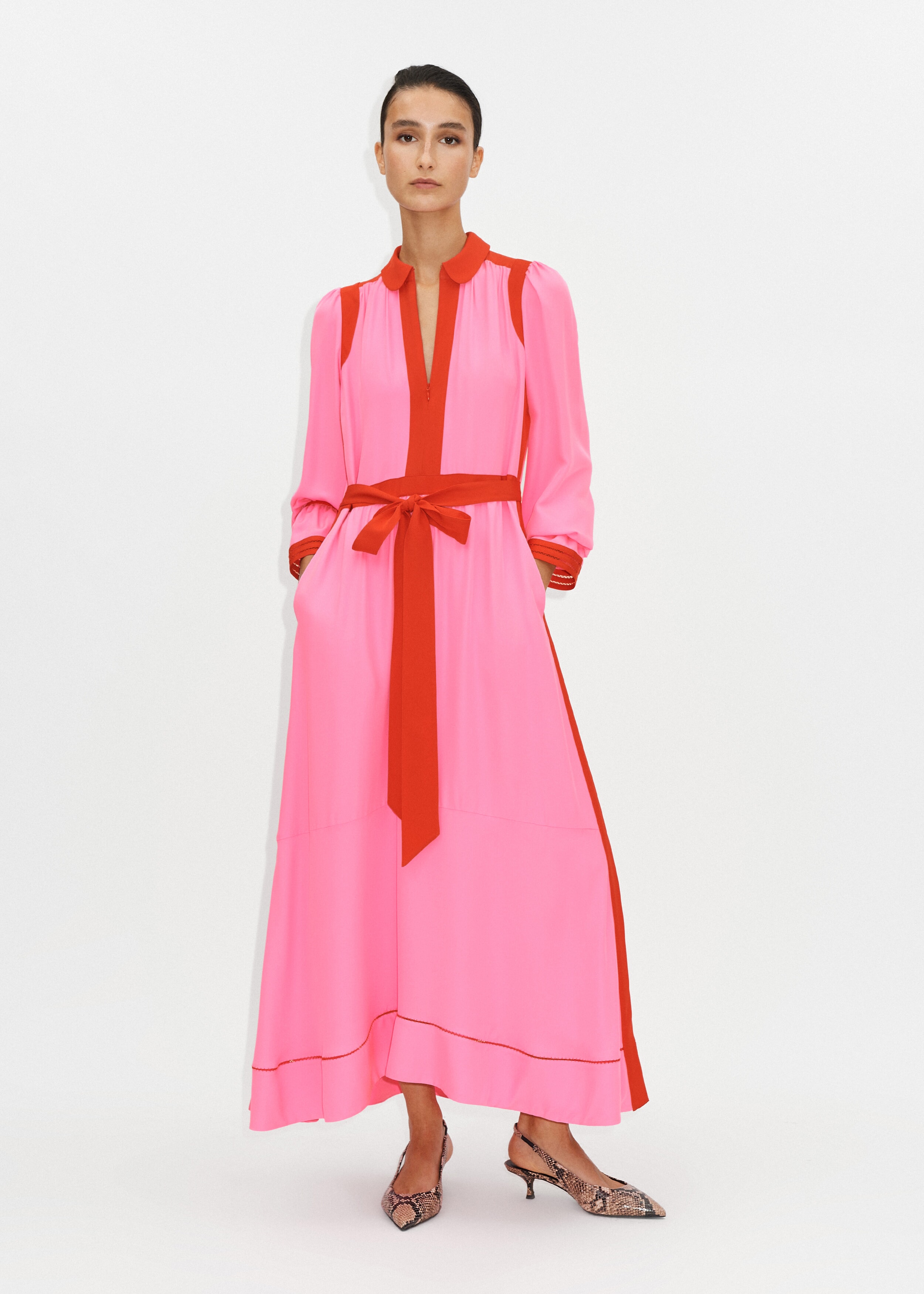 Silk Colour Block Maxi Dress + Belt Neon Pink/Poppy Red