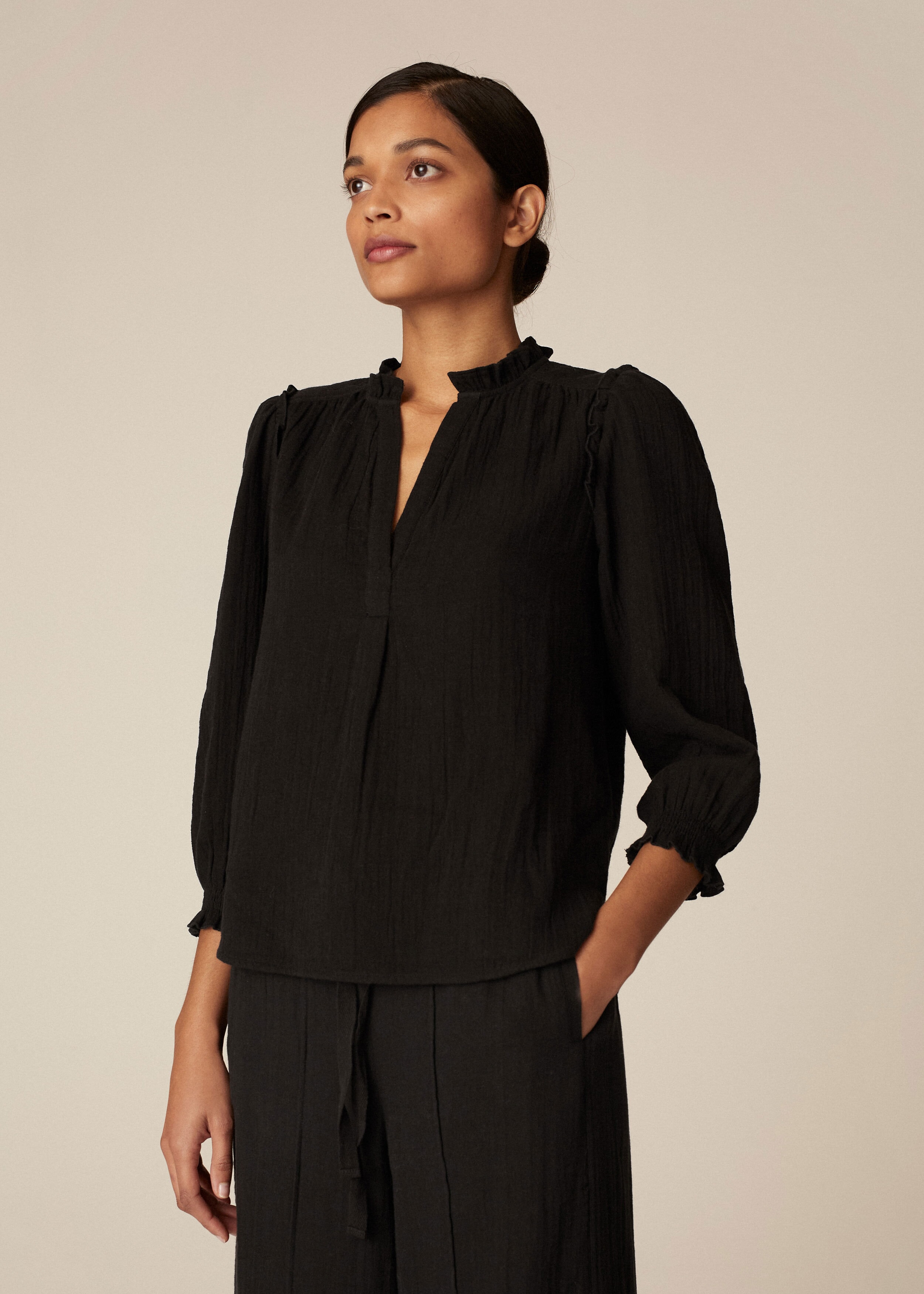 Cotton Cheesecloth Frill Sleeve Blouse Black