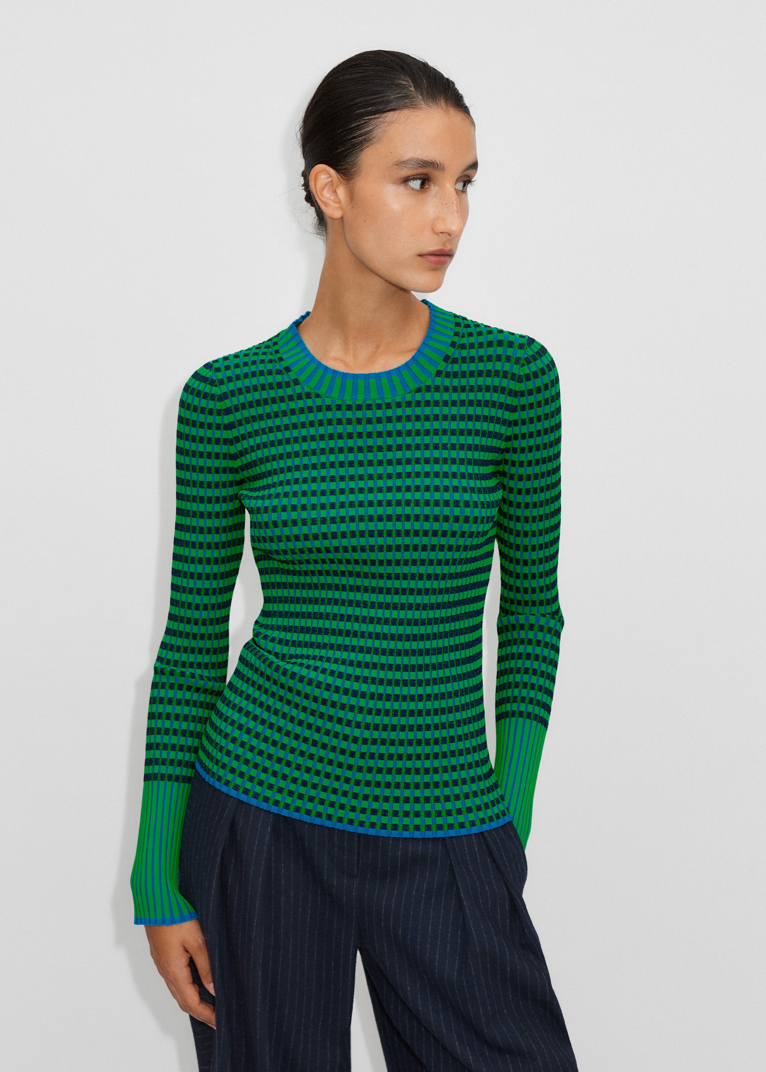 Ribbed Check Slim Knit Top Green/Navy