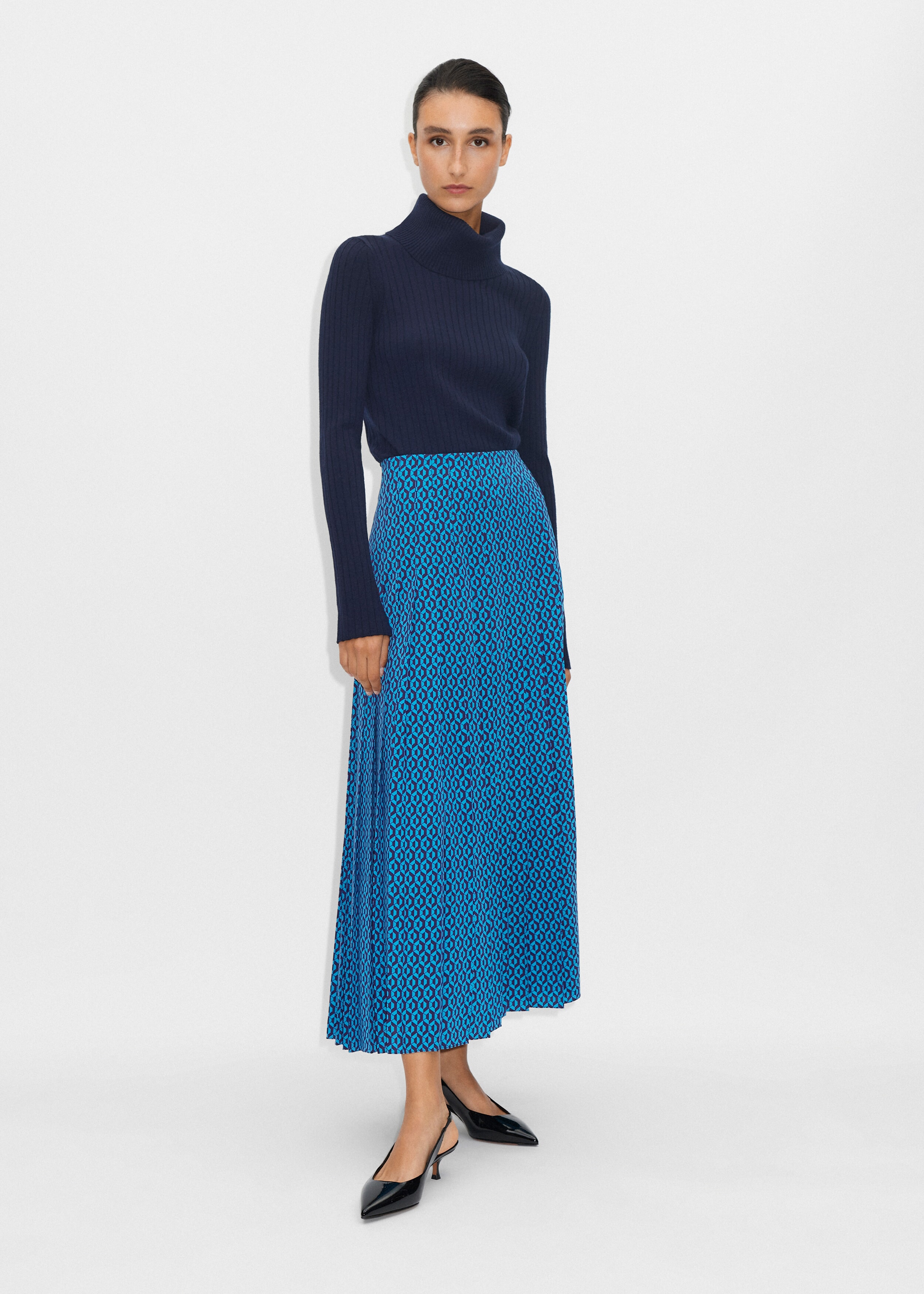 Hexagon Geo Pleated Maxi Skirt | ME+EM Navy/Turquoise